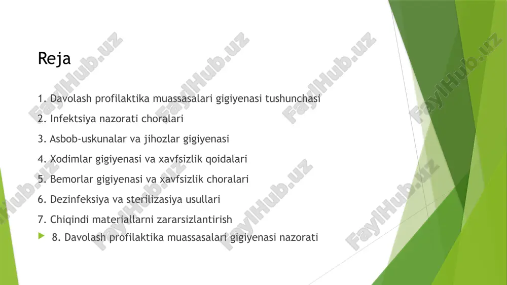 ozim. infektsiya nazorati choralari tibbiy asbob-uskunalar va jihozlarning gigiyenasi yuqumli kasalliklarning tarqalishini oldini olishda muhim rol o`ynaydi. asbob-uskunalarni muntazam tozalash va sterillash kerak. tozalash uchun maxsus vositalardan foydalanish lozim. sterillash uchun avtoklavlar yoki boshqa usullardan foydalanish mumkin. asbob-uskunalarni saqlash sharoitlari gigiyenik talablarga javob berishi kerak. jihozlarni muntazam tekshirib turish va kerak bo`lganda ta`mirlash zarur. asbob-uskunalarni qo`llashdan oldin va keyin qo`llarni yuvib turish kerak. asbob-uskunalar bilan ishlashda ehtiyotkorlikka rioya qilish muhimdir. bu chora-tadbirlar bemorlarning xavfsizligini ta`minlashga yordam beradi. xodimlar asbob-uskunalar bilan ishlash bo`yicha maxsus ko`rsatmalarga ega bo`lishlari lozim. asbob-uskunalar va jihozlar gigiyenasi tibbiy xodimlarning gigiyenasi va xavfsizligi yuqumli kasalliklarning oldini olishda muhim rol o`ynaydi. xodimlar shaxsiy gigiyena qoidalariga rioya qilishlari kerak. qo`llarni tez-tez yuvib turish muhimdir. shaxsiy himoya vositalaridan foydalanish zarur. tibbiy xodimlar xavfsizlik qoidalariga rioya qilishlari kerak. zararli moddalar bilan ishlashda ehtiyotkorlikka rioya qilish lozim. xodimlar o`zlarining sog`lig`ini himoya qilish bo`yicha ko`rsatmalarga ega bo`lishlari kerak. ish joyida tozalik va tartibni …