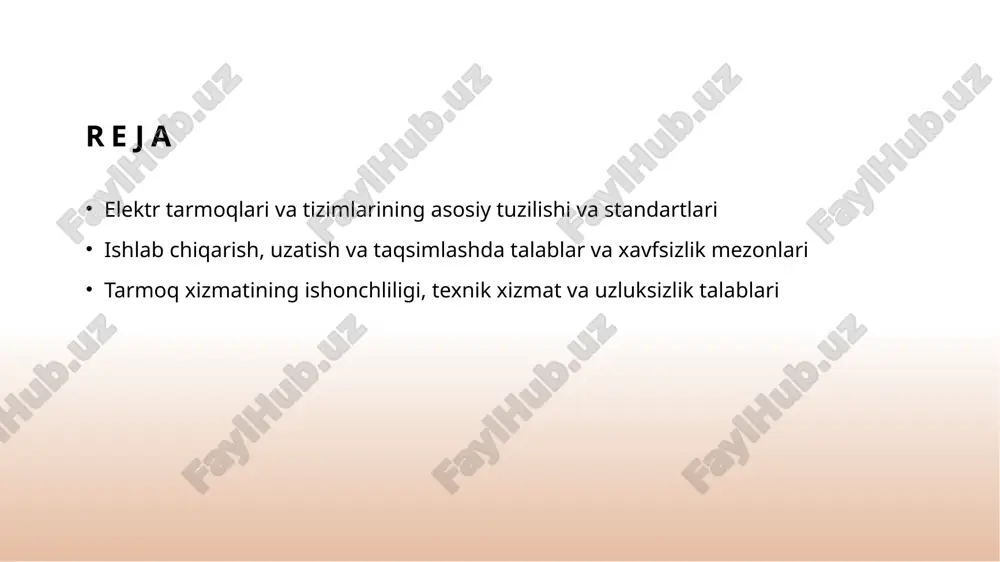 r va uzluksizlikni ta'minlaydi, shuningdek, xalqaro hamkorlikni rivojlantiradi. tizimlarning dizayni va qurilishida muhim talablar: samaradorlik va xavfsizlik 1 innovatsion dizayn tizimlarning samarali va xavfsiz ishlashi uchun innovatsion dizayn asosiy ahamiyatga ega, u energiya samaradorligini oshiradi va texnik muammolarni kamaytiradi. 2 xavfsizlik standartlari qurilish jarayonida qabul qilingan xavfsizlik standartlari va texnik talablar, inson xavfsizligini ta’minlash va tizimlarning uzluksiz ishlashini ta’minlaydi. 3 sifatli materiallar yuqori sifatli qurilish materiallari va modern texnologiyalarni qo’llash, tizimlarning uzoq muddatli ishonchliligiga va xavfsizlik darajasini oshiradi. elektr tarmoqlarining ishlab chiqarishdagi xavfsizlik talablari va standartlari 1 xavfsizlik standartlari elektr tarmoqlarida xavfsizlik standartlari qat’iy belgilangan bo‘lib, ularni buzish xavfli yong‘in, shikastlanish va tarmoq uzilishlariga olib keladi. standartlar ishlab chiqarish jarayonida xavfsizlikni ta’minlash uchun muhimdir. 2 texnik xavfsizlik qoidalari tarmoqlarda ishlovchi texnikalar va personal uchun xavfsizlik qoidalari mustahkamlangan. bu, avariya va favqulodda vaziyatlarda xavfsizlikni oshirishga qaratilgan, hamda inson hayotini himoya qiladi. 3 standartlarni nazorat qilish xavfsizlik va sifatni ta’minlash uchun muntazam …