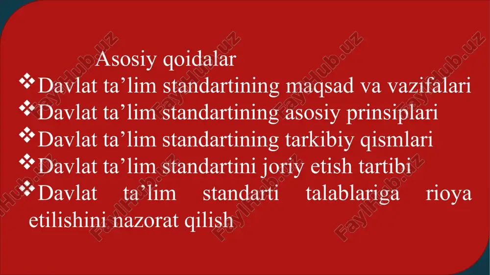 ashdan iborat. davlat ta’lim standartining vazifalari quyidagilardan iborat: umumiy o‘rta ta’lim mazmuni va sifatiga qo‘yiladigan talablarni belgilash; milliy, umuminsoniy va ma’naviy qadriyatlar asosida o‘quvchilarni tarbiyalashning samarali shakllari va usullarini joriy etish; davlat ta’lim standarti quyidagi asosiy prinsiplarga asoslanadi: o‘quvchi shaxsi, uning intilishlari, qobiliyati va qiziqishlari ustuvorligi; umumiy o‘rta ta’lim mazmunining insonparvarligi; davlat ta’lim standartining ta’lim sohasidagi davlat va jamiyat talablariga, shaxs ehtiyojiga umumiy o‘rta ta’limning boshqa ta’lim turlari va bosqichlari bilan uzluksizligi va ta’lim mazmunining uzviyligi; umumiy o‘rta ta’lim mazmunining respublikadagi barcha hududlarda birligi va yaxlitligi; umumiy o‘rta ta’limning mazmuni, shakli, vositalari va usullarini tanlashda innovatsiya texnologiyalariga asoslanilganligi; davlat ta’lim standarti quyidagi tarkibiy qismlardan iborat: umumiy o‘rta ta’limning tayanch o‘quv rejasi; umumiy o‘rta ta’limning o‘quv dasturi; umumiy o‘rta ta’limning malaka talablari; baholash tizimi. umumiy o‘rta ta’limning tayanch o‘quv rejasi (keyingi o‘rinlarda — tayancho‘quv reja) umumiy o‘rta ta’lim muassasalarida o‘qitiladigan o‘quv fanlari nomi, o‘quv yuklamasining minimal hajmi hamda ularning sinflar bo‘yicha …