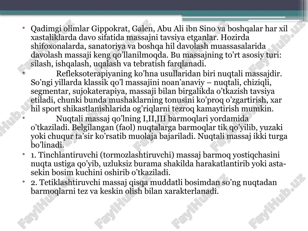 ttiq bosilganda mushaklar cho’zilishi mumkin. shuning uchun barmoq yostiqchalari bilan asta-asta bosiladi. masalan: bo’yinni uqalashda avvalo bo’yinning old qismidan, so’ngra quloqdan yelka tomon cho’zilgan mushaklar chatidagi 4 ta nuqtadan boshlanadi. barmoqlar 3 soniya davomida oxista va extiyotlik bilan bosiladi. muolaja 3 martta takrorlanadi. esingizda bo’lsa amaliy darslarimizda shunga o’xshash bir qancha massajlarni bajargan edik. nazorat savollari: 1. davolovchi massajlar qanday kasalliklarda qo’llaniladi? 2. nuqtali massajning afzalligi nimada? 3. massaj qanday harakat usullarini bilasiz? /docprops/thumbnail.jpeg
