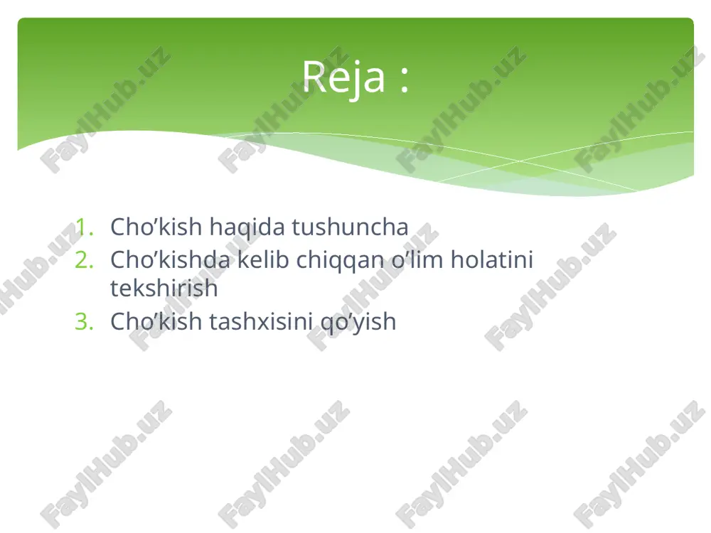 i. atamaal davrdan so'ng, batamom nafas olishi to'xtaydi umumiy cho'kish davri 5 — 6 daqiqa davom etadi. cho'kishda suv oshqozonga, so'ng ingichka ichakning boshlang'ich qismiga yutiladi. boshqa suyuqliklarda cho'kishda o'lim kelib chiqish mexaniz — mi, suvda yuz bergan cho'kishdagi o'limdan farq qilmaydi. cho'kishda kelib chiqqan o'limni tashhisi laborator usullar yordamida kompleks belgilarga asosan qo'yilganda to'g'ri bo'ladi. murdani tashqi tekshirganda cho'kishga xos quyidagi belgilarni ko'rish mumkin: teri qoplamalari teri kapillyarlarining qisqarishi natijasida odatdagidan oqargan, g'oz terisi belgisi, bu belgi mushaklarni qisqarishi tufayli teri soch tuklarini yuqoriga ko'tarilgan holatga keltiradi, ichish va burun atroflari kulrang —oq rangda; musgahkam mayda pufakchali ko'pikni yuzaga kelishi. nafas teshiklari atrofidagi ko'pik, murdani suvdan chiqarib olingandan so'ng ikki kungacha saqlanadi, so'ng uni qurib qolishi tufayli ichish atrofi terisida to'rsimon kir —kulrang plenka hosil bo'ladi. cho'kish tashhisini qo'yishda laborator tekshirishlar, ay — niqsa planktonni aniqlash muhim ahamiyatga ega. plankton — bu o'simlik va hayvonot olamiga mansub bo'lgan, ko'l, …