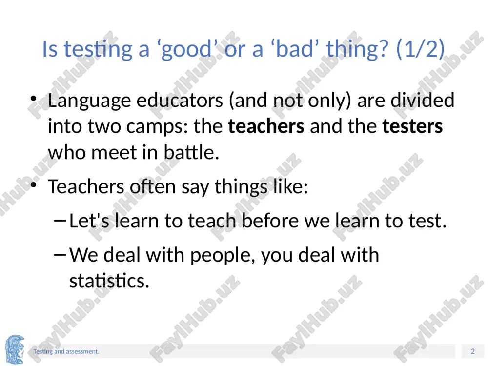 . it is the process of gathering, interpreting, and sometimes recording and using information about students' responses to an educational task in order to provide the next learning step. ‹#› testing and assessment. is assessment synonymous with testing? (2/2) assessment is primarily concerned with providing teachers and/or students with feedback information. in language teaching, it is a local or global procedure though which one can appraise one or more aspects of language proficiency. assessment is transparent when clear assessment criteria have been predetermined. ‹#› testing and assessment. is there one form of assessment? there are different forms of assessment, including: formative assessment. summative assessment. self-assessment. peer assessment. ‹#› testing and assessment. the most common forms of assessment? (1/3) continuous assessment refers to the activities required by students during the conduct of a course. it takes place within the normal teaching period and contributes to the final assessment. ‹#› testing and …