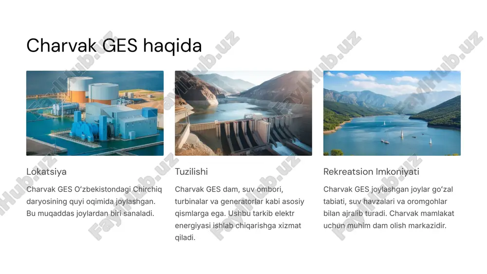 onda faoliyat yuritayotgan gidroelektr stansiyalari 1780 mvt mavjud gidroenergetik quvvatlar 5.5 kvt/s o'rtacha yillik gidroenergetik ishlab chiqarish 5 charvak ges quvvati va ishlab chiqarish maksimal quvvat 730 mvt yillik elektr energiyasi ishlab chiqarish 2,6 mlrd kvt/soat yillik o'rtacha ishlab chiqarish 1,4 mlrd kvt/soat asosiy turbinalar soni 6 ta charvak ges 730 mvt maksimal quvvatga ega bo'lib, oʻzbekistondagi eng katta gidroelektrostansiya hisoblanadi. yillik elektr energiyasi ishlab chiqarish 2,6 mlrd kvt/soatni tashkil etadi, ammo o'rtacha ishlab chiqarish 1,4 mlrd kvt/soatni tashkil qiladi. 6 charvak ges ahamiyati energiya quvvatini oshirish charvak ges oʻzbekiston uchun muhim gidroenergetik resursdir, yillik 1.5 milliard kvt.soat elektr energiyasi ishlab chiqaradi. milliy iqtisodiyotga hissa charvak ges mahalliy iqtisodiyotni quvvatlaydi, istehsol qilinadigan elektr energiyasi sanoat va qishloq xoʻjaligining asosiy manbayi hisoblanadi. atrof-muhitni himoya qilish gidroenergetik energiya toza va yangilanadigan manbaa boʻlib, atrof-muhitga zararli chiqindilar chiqarmaydi. 7 oʻzbekiston elektr energiyasini ta'minlashdagi roli yirik elektr energiyasi manbayi charvak ges oʻzbekistonning yirik elektr …