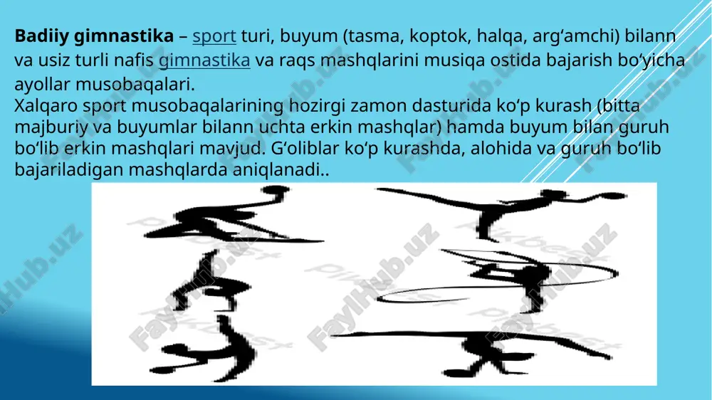fislik, erkinlik va jozibadorlikni tarbiyalash vositasi bo`lib xizmat qiladi. bunday mashqlar kontingenti xotin-qizlardan iborat mashg`ulotlarda qo`llaniladi. badiiy gimnastika – sport turi, buyum (tasma, koptok, halqa, argʻamchi) bilann va usiz turli nafis gimnastika va raqs mashqlarini musiqa ostida bajarish boʻyicha ayollar musobaqalari. xalqaro sport musobaqalarining hozirgi zamon dasturida koʻp kurash (bitta majburiy va buyumlar bilann uchta erkin mashqlar) hamda buyum bilan guruh boʻlib erkin mashqlari mavjud. gʻoliblar koʻp kurashda, alohida va guruh boʻlib bajariladigan mashqlarda aniqlanadi. sportchilarning mashqlari 10 balli tartib boʻyicha baholanadi. 40-yillardan badiiy gimnastika musobaqalari oʻtkazila boshlandi. 50-yyillar oxirida xalqaro gimnastika federatsiyasi (fij) badiiy gimnastikani sport turi sifatida tan oldi. 1963-yildan toq yillari jahon chempionatlari oʻtkazilmoqda, 70-yillar boshidan intervideniye kubogi uchun yirik xalqaro musobaqalar tashkil qilinmoqda. 1984-yildan olimpiya oʻyinlari dasturiga kiritilgan. image1.jpeg image2.jpeg image3.png image4.jpeg image5.jpeg image6.jpeg image7.jpeg image8.jpeg image9.jpeg image10.png image11.jpeg /docprops/thumbnail.jpeg