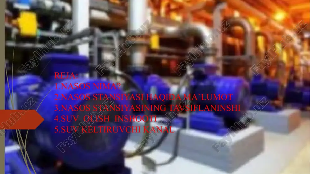 badan olib, uni iste’molchiga yetkazib berishni ta’minlovchi gidrotexnik inshootlar, gidromexanik, energetik va mexanik uskunalar va jihozdar yig‘indisiga mashinali suv uzatish gidrotexnika tizimi deyiladi. ushbu bomimda mashinali suv uzatish gidrotexnika tizimining barcha elementlarini tuzilishi, turlari, omchamlari va ishlash sharoitlari tahlil qilinadi. nasos stansiyalari va qurilmalari quyidagi omillar bo‘yicha tasniflanadi: i. ahamiyati bo‘yicha; sug‘orish, zax qochirish (quritish), yomg‘irlatib sug‘orish, suv ta’minoti, kanalizasiya, suv yo`llari tizimlari nasos stansiyalari, gidroakkumulatorli (suv to'plovchi) elektr stansiyalari (gaes), suv-elektr akkumulatorli (veas) stansiyalar, gidrotexnika qurilishlari va gidromexanizatsiya ishlari uchun qo`llanadigan hamda nasos stansiyalaridagi yordamchi nasos qurilmalari. 8 ii. suv uzatish yo‘nalishida joylashishiga ko‘ra: sug‘orish tizimidagi bosh, oraliq, kanaldan kanaldga uzatuvchi, yopiq tarmoqqa uzatuvchi, suv ta’minoti tizimidagi birinchi va ikkinchi ko‘taruv, kuchaytiruvchi, aylantiruvchi nasos stansiyalari. iii. suv manbasiga ko‘ra; yer ustki manbasidan (dengiz, daryo, ko‘l, suv ombori, kanal va h.k.) va yer osti manbasidan (shaxtali va quvurli quduqlardan) suv oluvchi stansiyalar. 9 iv. suv manbasiga nisbatan joylashishi bo‘yicha: nasos …