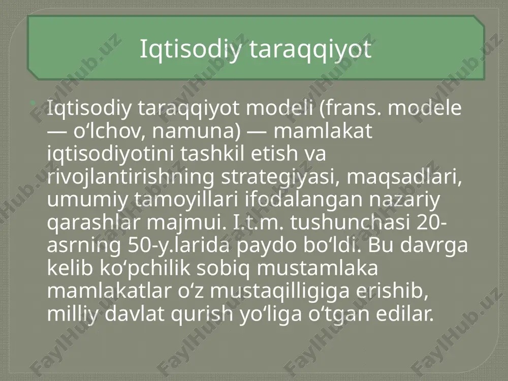 ining ko‘payib borishini ta’minlash manbai hisoblanadi. u ko‘pgina ichki va xalqaro darajadagi ijtimoiy-iqtisodiy muammolami muvaffaqiyatli hal etish imkonini beradi iqtisodiy o'sishga ta'sir etuvchi omillar ishlab chigarishning o'sishi demografik o'zgarishlar. m: aholi sonining oshishi aholining yoshi, jinsi technologiyalar. milliy boylik. milliy boylik — mamlakatning tovarlar ishlab chiqarish, xizmatlar koʻrsatish va kishilar hayotini taʼminlash sharoitlarini belgilovchi resurslari majmui. umuman, mamlakatning mulkiy holatini tavsiflashda qoʻllaniladigan milliy boylik koʻrsatikichi turli shaklda jamgʻarilgan kishilar mehnat mahsullari natijalari bilan birga iqtisodiy muomalaga kiritilgan tabiat resurelarini, shuningdek, xorijdagi moliyaviy aktivlar va hisobkitoblar saldosini ham oʻz ichiga oladi milliy boylikni mulkchilik shakllari boʻyicha tasniflashning ahamiyati katta. shu bilan birga tabiiy boyliklarning va ishlab chiqariladigan, jamgʻarilgan boyliklarning har bir muayyan davrda kimlar egaligida va foydalanishida ekanligini hisobga olish ham muhim milliy boylilning hajmi. milliy boylikning tarkibi ko'rsatkichlari milliy boylikning dinamikasi ko’rsatkichlari. milliy boylikning nobud garchili gi tavsiflovchi ko'rsatkichlar i milly boylikdan foydalanish ko’rsatkichlari. atrof muhit va tabiat muxofazasini tavsiflovchi …