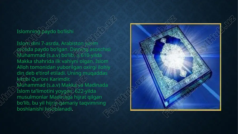 nni o‘rganishga katta ahamiyat beradi. qur’onda va hadislarda bilim olishga chaqiruvchi ko‘plab oyatlar va hadislar bor. islom olamida matematik, tibbiyot, astronomiya va falsafa sohalarida yirik olimlar yetishib chiqqan, masalan: al-xorazmiy – algebra faniga asos solgan. ibn sino – tibbiyot va falsafa bo‘yicha buyuk alloma. umar xayyom – astronom va matematik. al-biruniy – yerning aylana shaklini aniqlagan olim. islom faqat ibodat qilishni emas, balki axloqiy poklikni ham targ‘ib qiladi. muhim qadriyatlar: halollik – savdo-sotiq va kundalik hayotda halol bo‘lish. sabr – qiyinchiliklarga sabr bilan bardosh berish. adolat – barcha odamlarga nisbatan adolatli bo‘lish. hurmat – ota-onani, ustozlarni va yoshi ulug‘larni hurmat qilish. islomda harom va halol tushunchalari muhim o‘rin tutadi. halol – ruxsat etilgan narsalar (masalan, halol ovqatlar, halol daromad). harom – qat’iyan man qilingan narsalar (masalan, spirtli ichimliklar, qimor, sudxo‘rlik). islom dini bo‘yicha muhim kitoblar qur’oni karim – islomning asosiy muqaddas kitobi. sahih al-buxoriy – eng ishonchli hadis to‘plami. sahih …