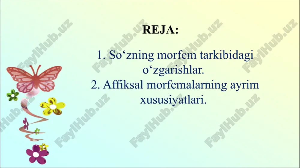 i. so‘z yasovchi qo‘shimchalar sinonimiyasi ham o‘z o‘rnida quyidagi turlarga bo‘linishi mumkin: a) ot yasovchilar: tilchi – tilshunos, chizgi – chiziq; b) sifat yasovchilar: benomus – nomussiz , baodob – odobli ; c) ravish yasovchilar: mardona – mardlarcha , tiriklayin -tirigicha; d) fe'l yasovchilar: senlamoq – sensiramoq, birlashmoq – birikmoq kabi. grammatik sinonimiya. nonni yeng – nondan yeng. uyga jo‘namoq - uy tomon jo‘namoq. dala(bosh kelishik) aylandim. dalani aylandim. dalada aylandim. grammatik sinonimiyada butun yoki qismni, aniqlik va umumiylikni ifodalashiga qarab, bir morfema ikkinchi morfema bilan barcha ma’nolari asosida sinonim bo‘la olmaydi. morfemik antonimiya. morfemik antonimiya derivatsion morfemalar orasidagina mavjuddir. andishali-andishasiz, barakali-bebaraka, baxtli-baxtsiz, bexabar-xabardor, bema’ni-bama’ni, kuchli- kuchsiz, mazali – bemaza. so‘zning morfemik tarkibini aniqlashda diaxron va sinxron tarkibni farqlash lozim. so‘zning morfemik tarkibida davrlar o‘tishi bilan turli o‘zgarishlar sodir bo‘lishi mumkin. soddalanish so‘zning morfemik tarkibida eng ko‘p kuzatiladigan hodisadir. asos yoki qo‘shimchaning davrlar o‘tishi bilan bir morfemaga, ya’ni bir necha …