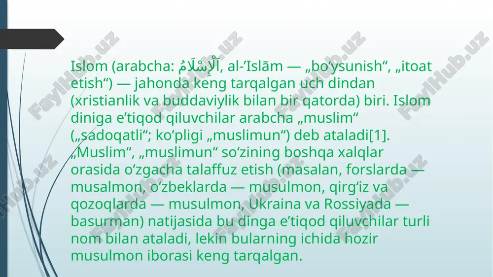 , amerika qitʼasi mamlakatlari (aqsh, kanada, argentina, braziliya, gayana, surinam, trinidad va tobago)da, avstraliyada, fiji orollarida yashaydi. islomning asosiy aqidasi — „allohdan boshqa iloh yoʻq va muhammad uning rasuli“. islom ilohiyotining ilk shakli — kalom boʻlib, viii asrda arab xalifaligida vujudga kelgan. mutakallimlar islom dini aqidalarini ishlab chiqqanlar. islom dini 5 „asos“ yoki „ustun“ (arkon ad-din al-islomiy)ga ega: 1) kalimai shahodat; 2) namoz oʻqish; 3) roʻza tutish; 4) zakot berish; 5) imkoniyat topilsa haj qilish. shulardan birinchisi iymon va qolganlari ibodat deb eʼtirof etilgan. iymon 7 aqidani — allohga, uning farishtalariga, muqaddas kitoblariga, paygʻambarlariga, oxirat kuniga, taqdir (yaxshilik va yomonlik allohning irodasi bilan boʻlishi)ga va oʻlgandan keyin tirilishga ishonishni oʻz ichiga oladi. islomda roʻza hayiti, qurbonlik va qurbon hayiti, aqiqa, mavlid kabi oʻziga xos diniy marosim va bayramlar tarkib topgan. bundan tashqari, mahalliy xalqlarda islomgacha mavjud boʻlgan urf-odatlar, jumladan, fol ochirish, dam soldirish, aziz-avliyolarga, muqaddas joylarga sigʻinish ham islom marosimchiligiga …