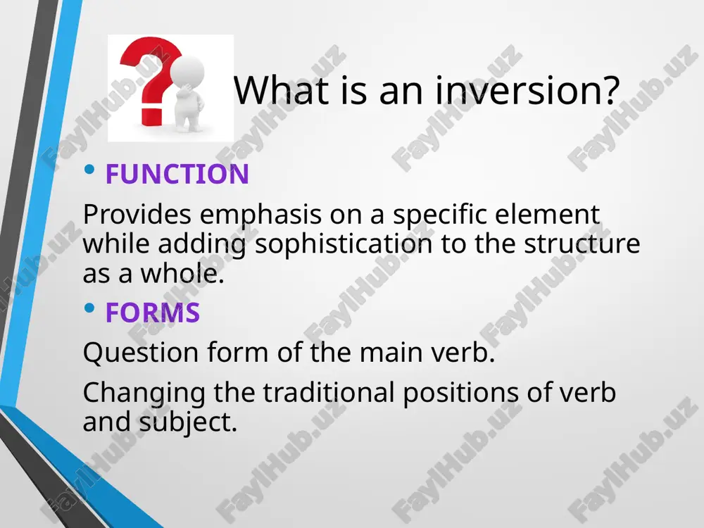 this case, the conditional 'if' is dropped and the inverted forms takes the place of the 'if clause'. this makes the event less likely. “had he understood the problem, he wouldn't have committed those mistakes” (if he had understood the problem,…) “should he decide to come, please telephone”. (if he decides to come, …) “had i known you were coming, i would have cooked something special” (if i had known you were coming, …) 7 inversion after as this is more common in formal or written language. “we were really tired, as were most people who came to the trip” inversion after so, neither and nor “a: i don´t like onions; b: neither do i”. 8 practice turn the following into inverted sentences 1. we had no sooner left the house that it exploded. no sooner had we left the house that it exploded. 2. half a dozen apples fell …