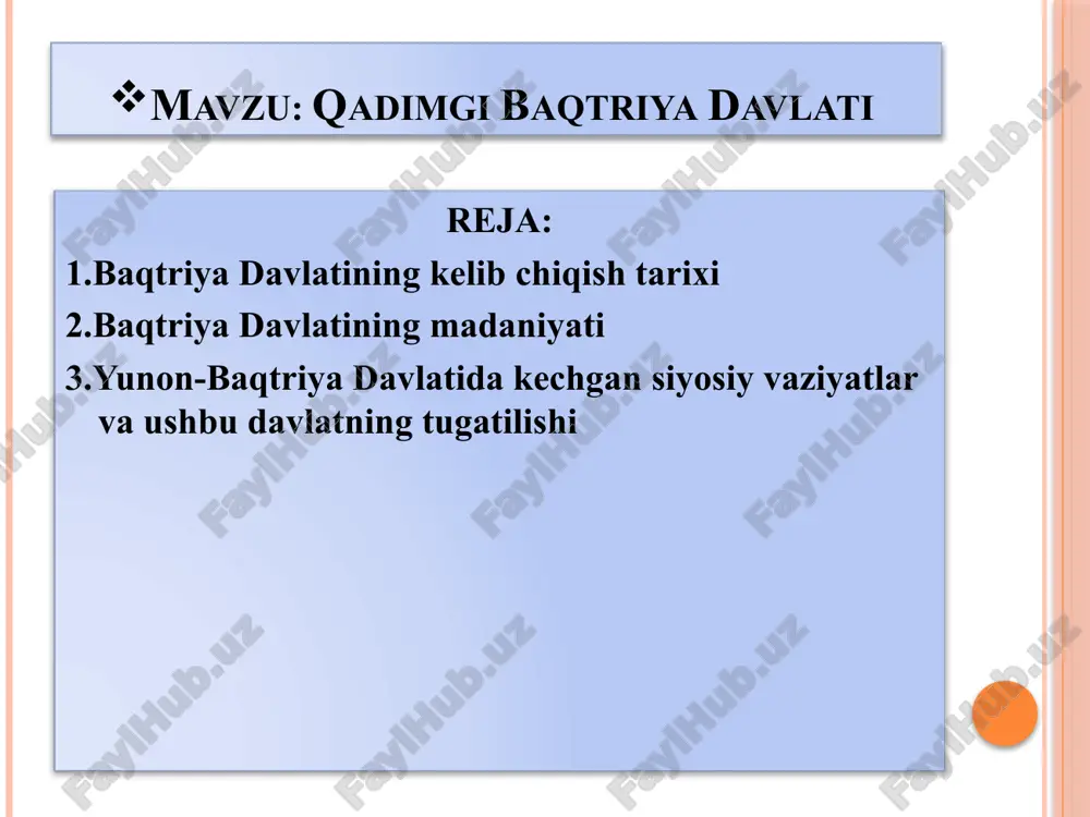 a tad- qiqotlar olib borilgan. agar yuqonda ko rsatilgan hududiy chegaralami baqtriya davlati o‘z ichiga olganligi haqidagi ilmiy xulosalar to‘g ‘ri bo‘lsa, markaziy osiyoda rivojlangan dastlabki davlatlardan qadimgi baqtriya eng yirigi bo‘lgan. yunon-baqtriya davlatining tashkil topishi va kuchayishi videvdat kitobida baqtriya «eng yaxshi mamlakatlar va o‘lkalardan biri bo'lgan, baland bayroqli, go‘zal o‘lka» sifatida yoritilgan. so‘nggi yunon manbalarida baqtriya «ming shaharlar davlati» deb atalgan. baqtriya ayrim daryo vohalaridagi beshta viloyatni birlashtirgan. surxon, balxob, kofimixon, vaxsh, panj, ko‘kcha, qunduz vohalari shular jumlasidandir. surxon vohasining markazi qiziltepa bo‘lgan. shimoliy afg‘onistonda yirik shaharlar qoldiqlari - bolo hisor va oltindilyorlar topib tekshirilgan. bolo hisor o‘mida qadimgi baqtra joylashgan. bu shahar gerodot va ktesiylaming ta’kidlashicha, baqt- riyaning maikazi bo‘lgan u baxdi, bastra daryosi (hozirgi balxob) nomi bilan bog‘liq bo‘lgan fcushunchadir. rim tarixchisi kursiy ruf bunday xabar qiladi. «baqtra dar\ osi nomidan shahar va viloyatning nomi kelib chiqqan». ktesiyning «persika» asarida baqtriyaning juda ko‘p istehkomlari va qal'alari …