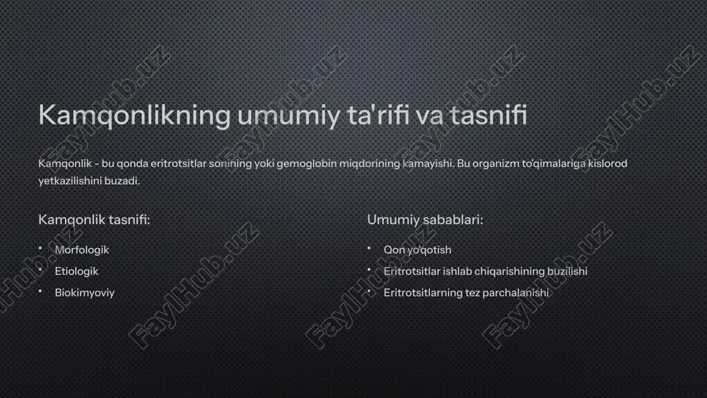 onliklar aplastik anemiya sabablari: suyak iligi shikastlanishi (kimyoviy moddalarga ta’sir, radiatsiya, virusli infeksiyalar); autoimmun reaksiyalar tufayli suyak iligida qon hosil bo‘lish jarayonining buzilishi. biokimyoviy mexanizm: suyak iligi tomonidan eritrotsitlar, leykotsitlar va trombotsitlarning ishlab chiqarilishi keskin kamayadi. natijada organizmda kislorod tashuvchi hujayralar yetishmovchiligi yuzaga keladi. gemolitik kamqonlik sabablari: genetik kasalliklar (talassemiya, orak-hujayrali anemiya); autoimmun kasalliklar (organizmdagi immun hujayralar eritrotsitlarni yo‘q qilishni boshlaydi); zaharlanishlar va ba'zi dori vositalari ta'siri. 5 suyak ko'migi kasalliklari bilan bog'liq kamqonliklar suyak ko'migi kasalliklari qon hujayralari ishlab chiqarishiga ta'sir qiladi. bunga kamqonlikka olib kelishi mumkin. sabablari: leykemiya, mielodisplastik sindromlar, limfoma. 1 mexanizmlari: normal qon hujayralari ishlab chiqarilishining buzilishi. 2 6 surunkali kasalliklarga bog'liq kamqonliklar surunkali kasalliklar organizmda yallig'lanishni keltirib chiqaradi. bu kamqonlikka olib kelishi mumkin. 1 sabablari: buyrak kasalliklari, saraton, yuqumli kasalliklar. 2 mexanizmlari: temir almashinuvining buzilishi, eritropoetin ishlab chiqarishining kamayishi. 7 kamqonlik diagnostikasi: tahlillar va tekshiruvlar diagnostika qon tahlili: gemoglobin, eritrotsitlar, mcv (eritrotsit hajmi), mch (o‘rtacha …