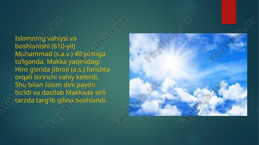 hadislar sahih (ishonchli) va zaif (ishonchsiz) toifalarga bo‘linadi. islomda e’tiqod qilish lozim bo‘lgan olti asosiy narsa bor: 1. allohga imon – yagona va tengsiz robbiga ishonish. 2. farishtalarga imon – allohning maxsus bandalariga ishonish. 3. kitoblarga imon – qur’on va undan oldingi injil, tavrot, zabur kabi ilohiy kitoblarga ishonish. 4. payg‘ambarlarga imon – adam (a.s.) dan boshlab muhammad (s.a.v.) gacha bo‘lgan barcha payg‘ambarlarga ishonish. 5. qiyomat kuniga imon – oxirat va hisob-kitob kunining haqligiga ishonish. 6. taqdirga imon – yaxshi-yomon taqdirning alloh tomonidan belgilanganiga ishonish. islom dini tarix davomida turli yo‘nalishlarga bo‘lingan: sunniylik – islom ummatining taxminan 85–90% qismini tashkil qiladi. sunna va sahobalarning yo‘lini tutishadi. shia – asosan eron, iroq, livan va yaman hududlarida tarqalgan. ular ali (r.a.) va uning avlodlari rahbar bo‘lishi kerak deb hisoblashadi. tasavvuf – islomning ruhiy-ma’naviy yo‘nalishi bo‘lib, insonning qalbini poklash va allohga yaqinlashishga intiladi. islom ilm-fan, san’at va madaniyatga katta hissa qo‘shgan. ilm-fan: algebra, …