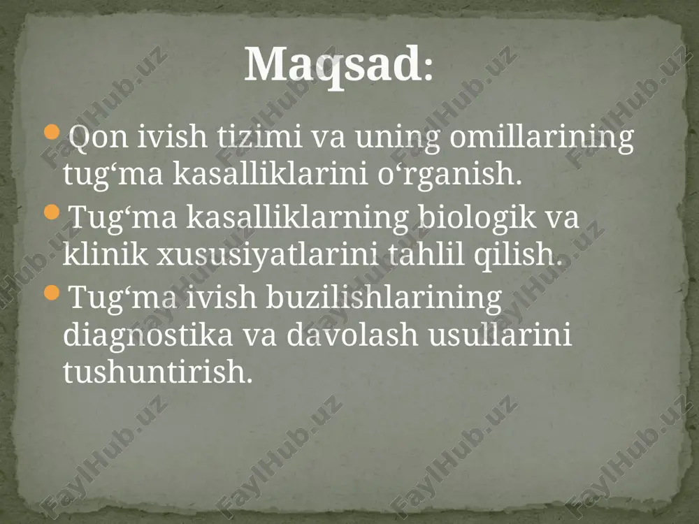 sh uchun ishlatiladi, masalan, jarohat joyida tromboz (qon quyilishi) hosil qiladi. ivish omillarining sintez joylari tug‘ma ivish buzilishlari genetik mutatsiyalar orqali ivish omillarining yetishmovchiligiga olib keladi. ular quyidagi turlarga bo‘linadi: 1. x-xromosomaga bog‘liq tug‘ma kasalliklar: • gemofiliya a (viii omil yetishmovchiligi) va gemofiliya b (ix omil yetishmovchiligi) asosan erkaklarda uchraydi. 2. autosomal retsessiv kasalliklar: • gemofiliya c (xi omil yetishmovchiligi) va xiii omil yetishmovchiligi kabi kam uchraydigan kasalliklar. 3. autosomal dominant kasalliklar: • von willebrand kasalligi va vii omil yetishmovchiligi. klinik belgilari: gematomalar, ichki qon ketishlar (bo‘g‘im ichida yoki mushaklarda), burun qonashi, uzoq qon ketishi (ayniqsa, jarohatlardan so‘ng). tug‘ma ivish buzilishlari – umumiy ko‘rinish sabab: x-xromosomada joylashgan viii omil yetishmovchiligi. ushbu omil intrinsik yo‘ldagi zanjir reaktsiyasini faollashtiradi. viii omili yetishmasa, trombin hosil bo‘lishi sekinlashadi. genetikasi: x-xromosomaga bog‘liq retsessiv meros, bu esa erkaklarda ko‘proq uchraydi, ayollarda esa asosan tashuvchi sifatida bo‘ladi. klinik ko‘rinishlar: • og‘ir holatda: bo‘g‘im ichida qon to‘planishi (hemartroz), …