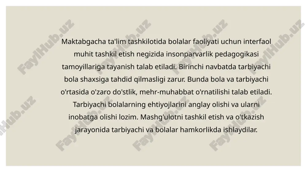 va tarbiyachining bir-birlarini ijobiy qabul qilishlari, o'zaro bir-birini tushunishi, tinglashi va o'zaro ishonch asosiy omil bo'ladi. tarbiyachi uchun zarur bo'lgan malaka va ko'nikma bu bola ruhiyatini his qilish, uning hatti-harakatlarini to'g'ri qabul qilish asosan bolani sevishi zarur. tarbiyachi va bolaning o'rtasida o'zaro ta'sir ko'rsatishdagi psixologik jihatlardan biri, shaxslararo ta'sirdir. tarbiyachi ta'lim jarayonining boshqaruvchisi va tashkilotchisidir. u shunday vaziyat yaratishi kerakki, bolalar kayfiyati, holati va ruhiyatini qo'llab quvvatlasin. pedagogik ta'sir ko'rsatish bevosita maktabgacha ta'lim tashkilotidagi jarayonlar qanday tashkil etilganiga bog'liq bo'lib, u bolalarning qiziqish va intilishlarini ta'minlashi lozim. tarbiyachi ta'lim-tarbiya jarayonining quruvchisi va dizayneri bo'lib, bola shaxsini har tomonlama rivojlanishini o'z ma'suliyatiga olishi kerak. maktabgacha ta'lim tashkilotida qulay (komfort) yaratishning muhim jihatlaridan biri, bolani individual ravishda uning qiziqishi, maqsadi, imokoniyatlari va to'siqlarni yengib o'tishida qo'llab quvvatlashdir. tarbiyachi yuqori kasbiy mahoratga ega bo'lsagina, bolaning yutuqlarga erishishi yoki ijobiy natajalarni qo'lga kiritishi, o'z-o'zini boshqarishga, muloqotchanlikka o'rgata oladi. tarbiyachi ta'lim-tarbiya berishda fasilitator vazifasini ham …