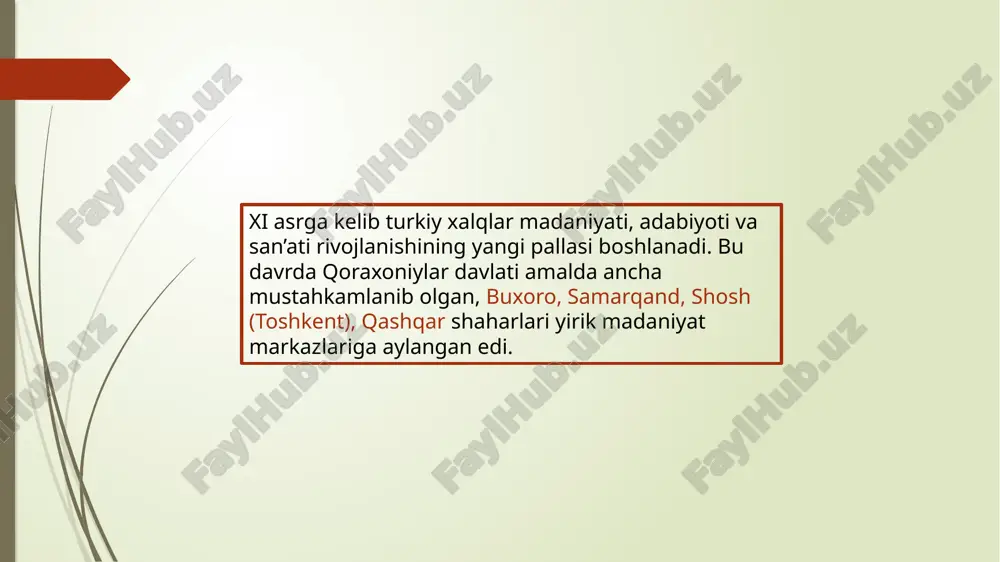 -turk» asari haqida «devonu lug‘ot at-turk» asarining qo‘lyozma sahifalaridan namuna bu asarda olim turkiy tildagi so‘zlar ma’nosini arab tilida izohlab beradi. misol sifatida esa xalq tilida mavjud namunalarga murojaat etadi. muallifning: «men bu kitobni maxsus alifbo tartibida hikmatli so‘zlar, saj’ (qofiyali nasr)lar, maqollar,rajaz (misralari nisbatan uzunroq bo‘lgan she’r turi) va nasr deb atalgan adabiy parchalar bilan bezadim... bu ishda misol tariqasida turklarning tilida qo‘llanib kelgan she’rlaridan, shodlik va motam kunlarida qo‘llanadigan hikmatli so‘zlardan, maqollardan keltirdim», – deyishi bejiz emas. «devonu lug‘ot at-turk» asari 1072-yilda yozila boshlagan. ammo unga kirgan materiallar 15–20 yillar davomida to‘plangan. mahmud koshg‘ariyning o‘zi: «men turklar, turkmanlar, o‘g‘uzlar, chigillar, yag‘molar, qirg‘izlarning shaharlari, qishloq va yaylovlarini ko‘p yillar kezib chiqdim, lug‘atlarini to‘pladim», – deb yozadi. muallif: «kitob hijriy 464yil jumodulavval boshlarida boshlandi va to‘rt karra yozilgan (ko‘chirilgan)dan va tuzatilgandan so‘ng 466yil umoduloxir ning 12kuni (1074yil) bitirildi», – deb ko‘rsatgan. kitobga «devonu lug‘ot at-turk» («turkiy tillar lug‘atlari») deb nom …