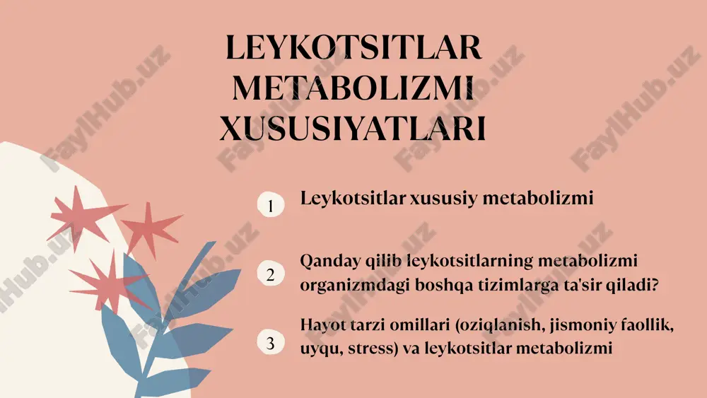 ondrial energiya ishlab chiqaradi makrofaglar – barqarorroq metabolizm, ko‘proq fagotsitoz va sitokin ishlab chiqarish bilan shug‘ullanadi qanday qilib leykotsitlarning metabolizmi organizmdagi boshqa tizimlarga ta'sir qiladi? 🧠 1. asab tizimiga ta’siri (neuroimmun aloqa) leykotsitlar nima qiladi: yallig‘lanish vaqtida il-1β, tnf-α, il-6 kabi sitokinlar ishlab chiqariladi. bu sitokinlar qon-miya to‘sig‘idan (bbb) o‘tib, gipotalamusga ta’sir qiladi: tana haroratini oshiradi (fevri holat) oreksin va dopamin ta’sirini pasaytiradi – bu uyquchanlik va ishtahaning yo‘qolishiga olib keladi. klinik misollar: yuqori isitmada charchoq, uyquchanlik – bu immun-metabolik javob. surunkali yallig‘lanishda sitokinlar neyronlarni shikastlaydi, neurodegenerativ kasalliklar (altsgeymer, ms) rivojlanishiga olib keladi. ❤️ 2. yurak-qon tomir tizimiga ta’siri leykotsitlar qanday rol o‘ynaydi: yallig‘langan leykotsitlar endoteliyga yopishadi va ros (reaktiv kislorod turlari) chiqaradi. bu no (azot oksidi) ishlab chiqarilishini pasaytiradi → qon tomirlar torayadi → gipertenziya ldl (yomon xolesterin) oksidlanadi → aterosklerotik blyashkalar hosil bo‘ladi klinik misollar: ateroskleroz – leyotsitlar ishtirokida yallig‘langan blyashka paydo bo‘ladi yurak xuruji (mi) oldidan qon …