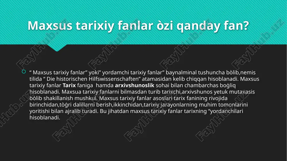 41) tomonidan 1708 yilda kiritilgan. bu fan yozuv belgilarining yaratilishi va ularning rivojlanishini òrganuvchi tarixiy-filologik fan hisoblanadi. paleografiya taraqqiyoti yer yuzida yozuv qachon vujudga kelganligini anishlash imkoniyatini berdi. piktografiya piktografiya- rasmlardan iborat bòlgan yozuv bòlib,hozirgi yozuvga òtishda yangi qadam bòldi. rasmlardan iborat yozuvning xususiyati shuki,bunda fikr ayrim tushunchalarga ajratib emas,balki tòla ifodalanadi. piktogramma- harahatni,voqea-hodisani tasvirlaydi,lekin oģzaki tilni,buyumlarning nomlarini mutlaqo aks ettirmaydi. piktogramma nimani tasvirlasa òshani ifodalardi,unda simvolika yòq. ideografiya ideografiya- jumlalarning ayrim tushunchalarga,sòngra sòzlarga bòlinishi- ideografiya hozirgi yozuvga olib keladigan yòldagi bosqichlardan biri bòldi. piktogramma alohida elementlarga bòlinmasdan,faqat tugallangan fikrnigina ifoda etardi. ideografiya esa butun sòz yoki tushunchani ifodalovchi tasvir bòldi. ilk quldorlik davtidan boshlab ideografiya misr,shumer,xitoy,krit oroli va messpotamiyada rivojlandi. epigrafika epigrafika- yunoncha- bitik sòzidan olingan bòlib,maxsus,yordamchi tarixiy fan bòlib,qattiq jismlar (tosh,metal,sopol va h.z.) asosan,qadimgi va òrta arslarga oid yozuvlar(bitiklar)ni tòplash,nashr etish va sharhlash bilan shuģullanadi. epigrafika g’arbiy yevropada, uyg’onish davrida shakllangan.xix-xx asrlarda fan sifatida ilmiy asoslari ishlab chiqilgan. …