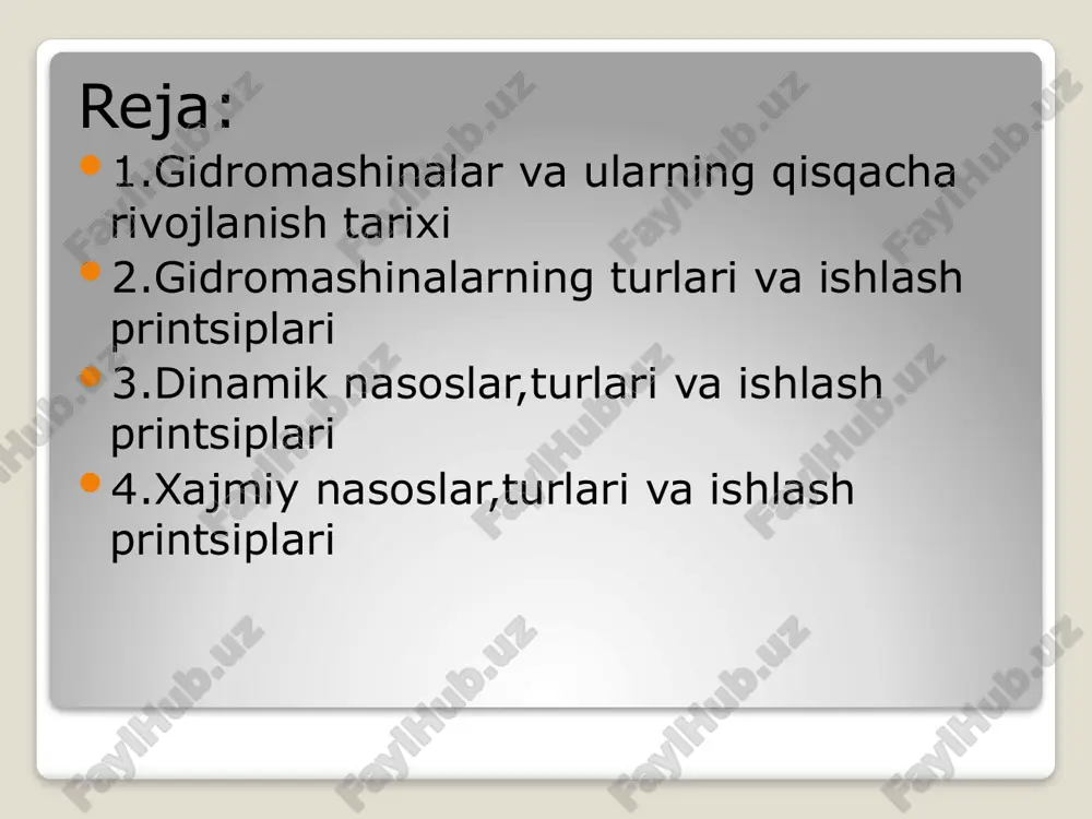arakatlanuvchi qismga uzatishga xizmat qiladi.gidroyuritgichlarni umumlashtirib,gidrostatik mashinalar deb ham yuritish mumkin. nasoslarning tuzilishi,turli parametrlar,suyuqlikka energiya berish usuli va boshqalarga qarab turlicha klassifikatsiyalash usullar mavjud.eng ko’p tarqalgan usul ularni ishlash prinsipiga qarab klassifikatsiyalashdir.bunda nasoslar asosan ikkta gruppaga:kurakli va hajmiy nasoslarga bo’linadi.bu ikki tur nasoslar deyarli barcha nasoslarni o’z ichiga oladi,lekin bir qancha boshqacha prinsipda ishlaydigan nasoslar bu ikki turga kirmaydi.bularga oqimchanli nasoslar (uchinchi tur sifatida ajratish mumkin)va boshqa ko’targichlar kiradi.kurakli nasoslar yana markazdan qochma o’qiy propellirli uyurma nasoslarga bo’linadi.tuzilish va ishlash prinsipi bir xil bo’lgani uchun ventilyatorlarning ham markazda qochma o’qiy propellirli turlari mavjud.kurakli nasoslarni ularning bir validanbitta yoki bir nechta ish g’ildiragi o’rnatilishiga qarab bir pog’onali va ko’p pog’onali nasoslarga ajratish mumkin.markazdan qochma nasoslar so’rish usuliga qarab bir tomonlama so’ruvchi va ikki tomonlama so’ruvchi nasoslarga bo’linadi. hajmiy nasoslar suyuqlikiing ma’lum bir hajmini ajratib olib, unga kuch ta’sir qilish yuli bilan harakatga keltiradi. ajratib olingan hajm u juda kichik bo‘lishiga qaramay, …