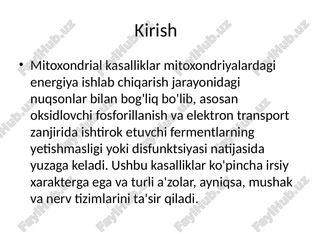 drial kasalliklar mitoxondrial dnkdagi nuqsonlar yoki yadro dnkdagi mutatsiyalar bilan bog'liq bo'lib, mitoxondriya ichidagi fermentlar va oqsillar sintezini buzadi. mitoxondrial kasalliklar asosan mitoxondriya energiya ishlab chiqarishida ishtirok etadigan fermentlarning aktivligining pasayishi yoki to'xtashi bilan tavsiflanadi. diagnostika usullari mitoxondrial kasalliklar asosan klinik ko'rinishlar, laborator tahlillar va genetik testlar yordamida aniqlanadi. - molekulyar-genetik diagnostika: mitoxondriya dnkdagi mutatsiyalarni aniqlash. - biopsiya: mitoxondriya faoliyatini baholash va fermentlarning faolligini tekshirish. davolash usullari - **parhez terapiyasi**: yuqori yog'li va past uglevodli parhez atp ishlab chiqarishni rag'batlantiradi. - **vitamin terapiyasi**: riboflavin va koenzim q10 kabi moddalardan foydalanish mitoxondriya faoliyatini yaxshilaydi. - **gen terapiyasi**: kelajakdagi istiqbolli yondashuv bo'lib, genetik nuqsonlarni to'g'rilashga qaratilgan. xulosa mitoxondrial kasalliklar murakkab genetik va biokimyoviy asoslarga ega bo'lib, klinik ko'rinishlari va patofiziologiyasi turlicha bo'ladi. ularning diagnostikasi va davolash usullari chuqur ilmiy izlanishlarni talab qiladi va hozirda yangi yondashuvlar, jumladan, gen terapiyasi bo'yicha istiqbolli tadqiqotlar olib borilmoqda. /docprops/thumbnail.jpeg
