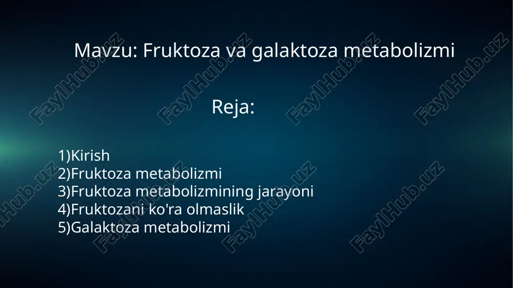 ida). galaktoza metabolizmi manba: galaktoza ichaklarda laktoza gidrolizi natijasida hosil bo'ladi. epimerizatsiya: galaktozani glyukozaga aylantirish uchun galaktozaning c4 atomi h- va oh-g‘ ruhlarini o‘zgartirishi kerak. bu jarayon udf-galaktoza yordamida amalga oshiriladi. reaksiya jarayoni: udf-galaktoza uridilfosfat-4-epimeraza fermenti yordamida udf-glyukozadan hosil bo'ladi. galaktozo-l-fosfat hosil bo'lgach, udf-glyukozaning qoldig'i bilan to'ldiriladi. galaktoza metabolizmining jarayoni galaktozo-l-fosfat: bu metabolit udf-galaktozaga aylantirishda muhim rol o'ynaydi. epimeraza fermenti: galaktozaning nukleotidlar tarkibida c4 uglerod atomining oksidlanishi va qaytarilishini katalizlovchi ferment. laktatsiya davrida: galaktoza glyukozadan hosil bo'lishi mumkin, shuning uchun oziq-ovqatning almashinmaydigan komponenti hisoblanmaydi. galaktozemiya kasallik sababi: glyukoza metabolizmini galaktoza orqali o'zgartirishga yordam beradigan fermentlarning nasliy nuqsoni. simptomlar: quvvatni kamaytirish, qusish, diareya, va jigar funktsiyasining buzilishi. galaktitol: galaktoza aldoreduktaza fermenti ta’sirida galaktitolga aylanadi, bu ko'z to'qimalarida katarakta rivojlanishiga olib keladi. sutni o'zlashtira olmaslik (gipolaktaziya) muammo: laktozani glyukoza va galaktozagacha parchalovchi laktaza fermentining yetishmasligi. oziqlanish bilan bog'liq simptomlar: gaz to'planishi diareya ichak faoliyatining buzilishi. davolash usullari: laktoza saqlovchi mahsulotlarni cheklash. peroral …