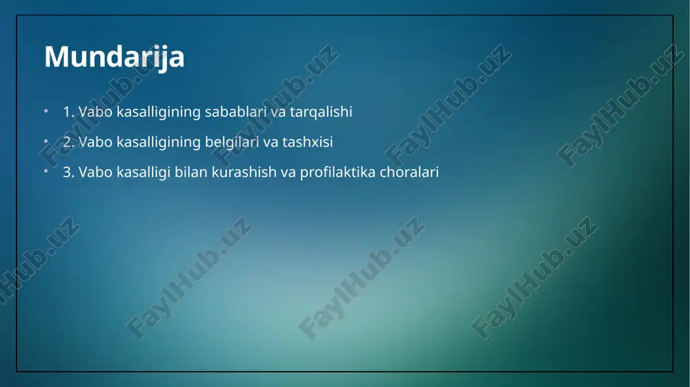 k jiddiy asoratlar keltirib chiqarishi mumkin. vabo kasalligining belgilari vabo kasalligining asosiy belgilari ichki og'riq, kuchli diareya va qusishdir. bular suvsizlanishga olib kelishi mumkin, bu esa hayot uchun xavfli hisoblanadi. kasallikning belgilari odatda infektsiyadan keyin bir necha soat ichida paydo bo'ladi. vabo kasalligini tashxislash vabo kasalligi tashxisi qo'yilganda, bemor tezda davolanishi kerak. suvsizlanishni oldini olish uchun suyuqliklarni qayta tiklash muhimdir. shuningdek, antibiotiklar bilan davolash mumkin. vabo kasalligini tashxislashda tezkor testlar va laboratoriya tahlillari qo'llaniladi. bu testlar bemorning holatini baholashda yordam beradi va davolashni boshlash uchun zarur. tashxis qo'yish uchun bemorning klinik alomatlari va tarixi muhimdir. laboratoriya testlari orqali bakteriyani aniqlash mumkin. suv va oziq-ovqat namunalarini tekshirish ham muhim hisoblanadi. vabo kasalligi haqida ma'lumot kasallikning tarqalishi va sabablari vabo kasalligining tarqalishi vabo kasalligi, asosan, iflos suv va oziq-ovqat orqali tarqaladi. ushbu kasallik, vibrio cholerae bakteriyasi tomonidan keltirib chiqariladi. kasallikning alomatlari ich qotishi, diareya va dehidratsiya kabi ko'rinishlarda namoyon bo'ladi. vabo kasalligi, …