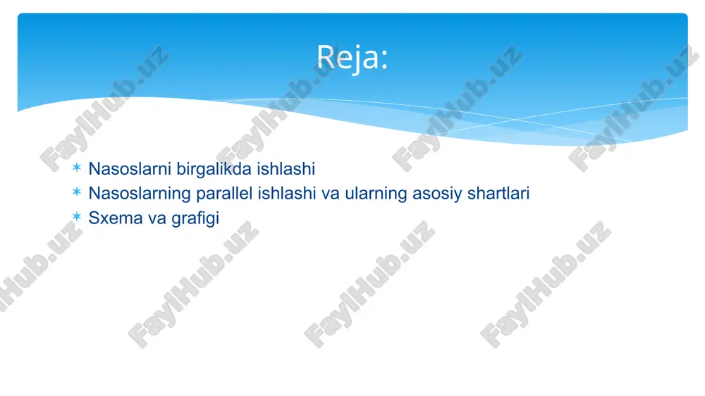 k bosim ostida bo'lib, bu bosim o' zgaruvchan) bo'lishi mumkin. nasoslarning parallel ulash turlari: barcha holda ham nasoslarning bosimi bir xil bo'lib, umumiy sarf xususiy sarflarning yig' indisiga teng bo'ladi. avval bir xil xarakteristikali ikkita bir xil nasosning yaqin joylashgan holini ko’ ramiz. agar bu ikki nasos bir-biriga ta'sir qilmasa, u holda q1+2= q1 + q2= 2q1. agar parallel ulangan ikki nasosdan birining berkitkichi yopilgan bo'lsa,sistema bitta nasosdek ishlaydi.berkitgichning oshib borilishi bilan sarf ham ortib borib 2q1 ga tenglashadi. bunda albatta optimal sarf ikki nasos optimal sarflari yig’disidan kichik, chunki u truba xarakteristikasining egriligiga bog’liq. endiikkita bir xil xarakteristikali nasos bir-biridan uzoq joylashgan holni ko'ramiz. bunda ikki nasos trubalarining tutashgan joyidan birinchi nasosgasha uzunligi l1, diametri d1 bo'lgan truba ikkinchi nasosgacha , uzunligi l2 diametri d2 bolgan trubalar bo'lib , ularning xarakteristikalari tegishli ravishda ht, va ht bo'lsin . bunda avvalgi holdagi kabi sarflari qo’shib, nasoslar gruppasining xarakteristikasi hl+2, ni …