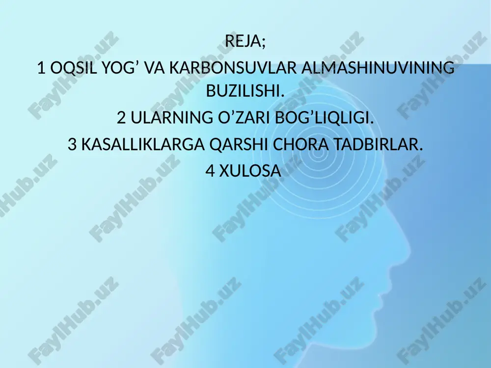 almashinuvi qon shakarini tartibga soladi. uglevod metabolizmining buzilishi: insulin rezistentligi: insulinning samarali ishlamasligi. diabet: qon shakarining yuqori darajasi. glikogen sintezining buzilishi: yog'lar va uglevodlar to'planishidagi nosog'lom holatlar. qon shakarining pastligi: uglevodlar iste'mol qilinmayotganligi sababli, qon shakarining darajasi kamayadi (gipoglikemiya). glikogen zaxiralarining kamayishi: glikogen (jigar va mushaklarda saqlanadigan uglevod) zaxiralari qisqaradi. ketoz: uglevodlarning etishmovchiligi ketoz holatiga olib keladi, bunda organizm yog'lardan energiya olishga o'tadi. oqsil, karbonsuv va yog'lar o'rtasidagi o'zaro bog'liqlik: oqsil va karbonsuvlarning yetishmovchiligi yog'larning energiya sifatida ishlatilishiga olib keladi. yog'lar, uglevodlar va oqsillar bir-birini to'ldiradi, shuning uchun ularning almashinuvining buzilishi turli metabolik muammolarni yuzaga keltiradi. metabolik holatlar: ketoz, katabolizm va mushaklarning yo'qolishi kabi holatlar organizmning moslashuv jarayonida yuzaga keladi. buzilishlarning sog'liqka ta'siri va qarshi chora-tadbirlar sog'liqka ta'siri: uzun vaqt davomida ochlik oqibatida metabolik buzilishlar rivojlanadi, bu esa yurak-qon tomir kasalliklari, semirish va insulin rezistentligi kabi kasalliklarni keltirib chiqarishi mumkin. immun tizimi zaiflashadi, mushak massasi kamayadi, va energiya ishlab chiqarishning …