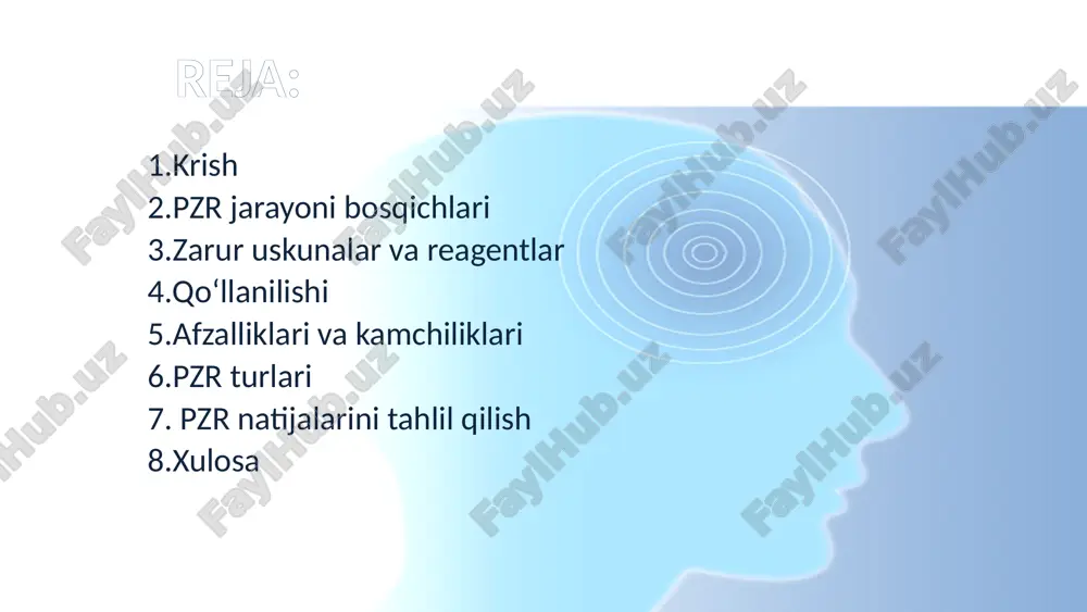 ni baholash). kriminalistika genetik izlar orqali shaxsni aniqlash, jinoyat joyidagi biologik materiallarni tekshirish. qishloq xo'jaligi va ekologiya o'simlik va hayvon genlarini tadqiq qilish, gmoni aniqlash, suv va tuproqdagi mikroorganizmlarni aniqlash. 6 pzr diagnostikasining afzalliklari va kamchiliklari afzalliklari yuqori aniqlik: juda kichik miqdordagi genetik materialni aniqlash imkonini beradi. tezkor natija: bir necha soat ichida aniq natija olish mumkin. sezuvchanlik: kichik miqdordagi namunalar ham yetarli. ko'p qirralilik: turli sohalarda keng qo'llaniladi. kamchiliklari kontaminatsiya xavfi: namuna ifloslansa, noto'g'ri natijalar paydo bo'lishi mumkin. yuqori malaka kerak: pzrni to'g'ri o'tkazish uchun maxsus bilim talab qilinadi. nisbatan qimmat: boshqa diagnostika usullariga nisbatan qimmatroq. 7 pzr turlari real-time pzr (qpcr) jarayon davomida natijani real vaqt rejimida kuzatish imkonini beradi. 1 reverse transcription pzr (rt-pcr) rnk asosidagi viruslarni aniqlash uchun qo'llaniladi (masalan, covid-19). 2 multiplex pzr bir vaqtning o'zida bir nechta genetik maqsadlarni aniqlash imkonini beradi. 3 digital pzr dnk molekulalarini aniq sonini aniqlash imkoniyatini beradi. 4 8 …