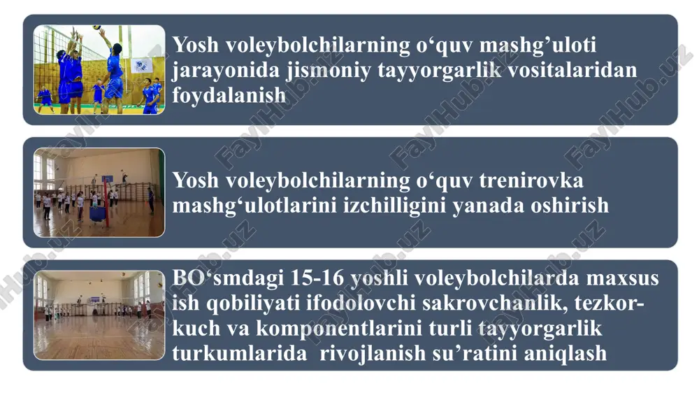 chi va vazni o’sishi kuzatiladi. shu bilan birga suyak-mushak sistemasi yuqori darajada rivojlanib, qo’l bilaklarida voleybol uchun zarur bo’lgan mustahkamlik va taranglik oshadi. qiz bolalar bu davr jinsiy etilish davrining o’sishi bilan to’g’ri keladi. ularning tanasida marfolagik va funkstional o’zgarishlar vujudga kelib, chanoq qismi kengayadi va vazn ortishi kuzatiladi. bu yoshdagi o’g’il bolalarda barmoqlar mushagi kuchining oshishi aniq ko’rinadi. yurak mushaklarining kuchi, yurak urish hajmi oshib, puls tezligi kamayishi ham kuzatiladi. bola tanasi yaqinlashayotgan ishlarga yondashishni tez amalga oshiradigan xususiyatga ega, bu esa asab jarayonlarining harakatchanligiga bog’liq. bolalar ruhiy holati o’zgaradi, “kattalik hissi” paydo bo’lib, ular hayotigi moslashish, ular harakatiga taqlid qilish kabilar kuzatiladi. shuning uchun bolalar bilan ishlashda mashqlarni aniq holda, ya’ni taqlid uchun o’rnak bo’ladigan qilib ko’rsatish zarur. to’pni o’yinga kiritish taktikasi to’p uzatuvchi o’yinchining taktikasi to’pni o’yinga kiritish usulini tanlashdan boshlanadi. o’yinchi to’pni aniq o’yinga kiritishi va kuch hisobiga usulni qiyinlashtirib, ochko yutib olishga harakat qilishi kerak. …