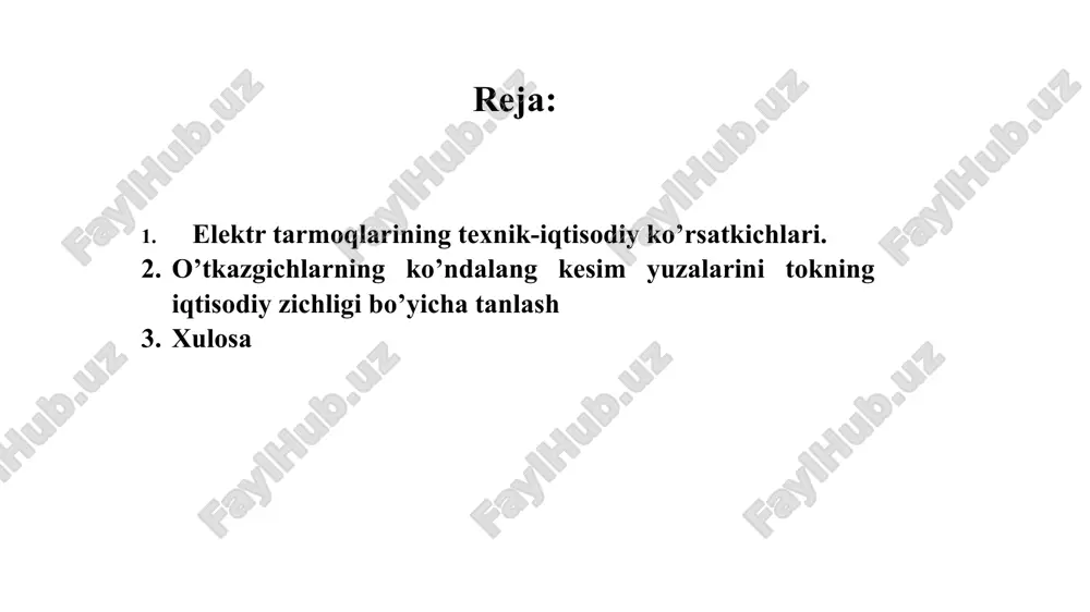 di. ortiqcha yuklanish (100% dan yuqori) avariyalarga olib keladi, past yuklanish esa iqtisodiy yoʻqotishlarga sabab boʻladi. elektr tarmoqlarning texnik - iqtisodiy ko’rsatkichlari eng muhim texnik-iqtisodiy ko’rsatkich – bu kapital mablag’lar, ya’ni elektr tarmog’i, stantsiyalari va energetik ob’ektlarni qurish uchun sarf bo’luvchi xarajatlardir. elektr tarmoq uchun: k=keut +kn s bu yerda: keut- elektr uzatish liniyalarini qurish uchun kapital mablag’; kps - podstantsiyalarni qurish uchun kapital mablag’. ikkinchi muhim texnik-iqtisodiy ko’rsatkich bo’lib bir yil davomida energetik jihozlar va tarmoqdan foydalanish uchun lozim bo’lgan xarajatlari (ekspluatatsiya xarajatlari) hisoblanadi: bu yerda: ieut, ins - elektr uzatish liniyalari va podstantsiyalar uchun bir yil davomida foydalanish xarajatlari; i - bir yil davomida isrof bo’luvchi elektr energiya narhi; a.eut, t.eut, x.eut – elektr uzatish tarmoqlar uchun ammortizatsiya, joriy ta’mir va xizmat ko’rsatish yillik chegirmalarining nisbiy birlikdagi qiymatlari, 1/yil; a.ns, t.ns, x.ns - podstantsiya uchun ammortizatsiya, joriy ta’mir va xizmat ko’rsatish yillik chegirmalarining nisbiy birlikdagi qiymatlari, 1/yil. a, …