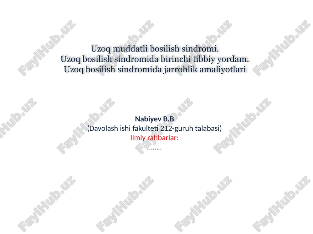am deb ataladi umbsning klinik kechishida 3 ta davr farqlanadi: i davr – erta yoki gemodinamik o’zgarishlar davri (kasallikning 1-3 kuni). ii davr – oraliq (3-4 kundan 8-12 kungacha) o’tkir buyrak yetishmovchiligi bilan xarakterlanadi. iii davr – kechki (9-12 kundan 1-2 oy oxirigacha) to’qimalar shikastining mahalliy simptomlari bilan xarakterlanadi. umbsga uchragan bemorda qo’lning holati: siydik rangi umbsda mushaklar og’rig’i xolsizlik bilan bir qatorda siydik rangining jigarrang bo’lishi asosiy simptomlardan biri hisoblanadi. travmatik rabdomioliz bu - mushak massasi siqilishi, ezilishi natijasida uning parchalanishi(lizisi). to'qima siqilishi natijasida u qon oqimi bilan ta'minlanishdan to'xtab ishemiyaga uchraydi. bu esa bo'lajak hujayra o'limidir umbsda tana qismini bosib turgan yuk olingandan keyin esa o'zi shishib turgan zararlangan qism yanada shishib ketadi. bu shikastlangan hujayralar o'z ichida suyuqlik to'plashi bilan bog'liq. bu jarayonlar natijasida gipovolemiya (gipervolemiya yoki suyuqlikning haddan tashqari yuklanishi qonda juda ko'p suyuqlik bo'lgan holatdir. bu tanadagi kimyoviy muvozanatni tashlashi, natriy miqdorini oshirishi mumkin). yuzaga …