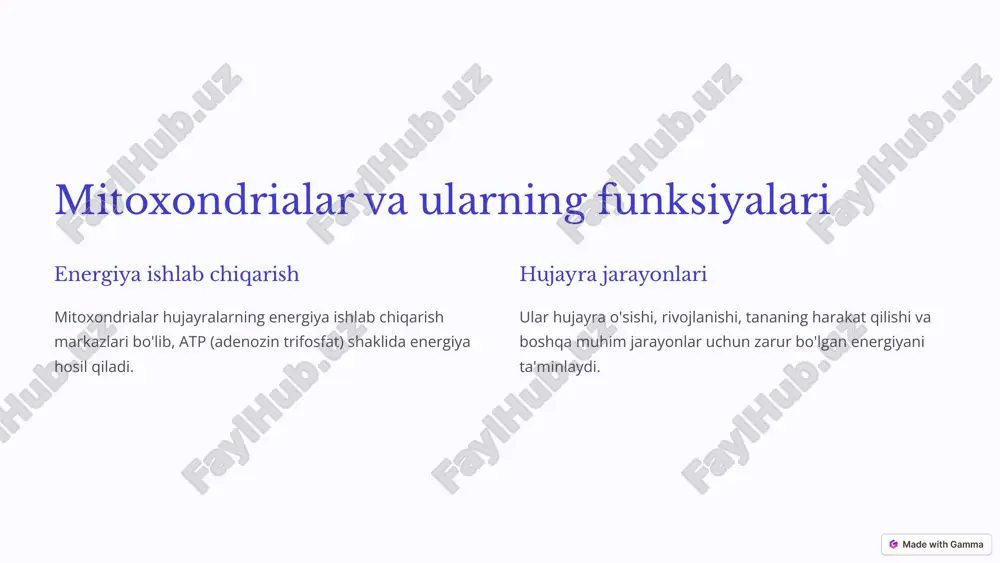 i aniqlash. 6 mitoxondrial kasalliklarning davolash usullari simptomlarni nazorat qilish charchoq, mushak og'rig'i va boshqa simptomlarni engillashtirish uchun dori-darmonlar qo'llash. oziqlanish terapiyasi tanadagi energiya darajasini oshirish va mitoxondriyalarning funksiyasini yaxshilash uchun maxsus parhez qo'llash. genetik terapiya mitoxondriyal dnkdagi mutatsiyalarni tuzatish uchun istiqbolli usul. 7 xulosa va rekomendatsiyalar mitoxondrial kasalliklar murakkab va davolashda qiyinchiliklar tug'diradigan kasalliklardir. ilmiy tadqiqotlar davom etmoqda va yangi davolash usullari rivojlanmoqda. erta tashxis va davolash muvaffaqiyatli natijalarga erishishda muhim rol o'ynaydi. 8 image1.png image2.png image3.png image4.png image5.png image6.png image7.png image8.png image9.png image10.png image11.png image12.png image13.png