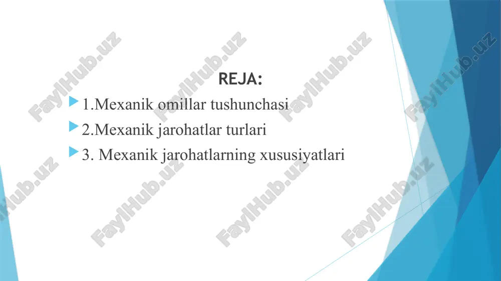 ga boʻlgan (mexanik) omillar; — umumiy taʼsirga ega boʻlgan (barometrik, biologik) omillar; — ham mahalliy, ham umumiy taʼsirlarga ega boʻlgan (harorat, elektrik, kimyoviy, radiatsion) omillar. mexanik jarohatlar uch guruhga boʻlinadi: oʻtkir, oʻtmas va oʻq otar qurollar taʼsiridan hosil boʻlgan jarohatlar. oʻtmas qurol (asbob, buyum) larning qoʻshimcha taʼ- siri. eng avval oʻtmas buyumlarning yuzasiga eʼtibor be- rish lozim. bu xil jihatga koʻra ularni toʻrtta asosiy turlarga boʻlish mumkin: tekis, yassi yuzali (taxta, tara- sha, gʻisht, boltaning orqa yuzasi va boshqalar); toʻmtoq qirrali (toʻrt qirrali lom, toʻrt qirrali bolgʻa va boshqalar); sharsimon yuzali (qadoq toshlar, gantel va boshqalar); silindrsimon yuzali (tayoq, quvur va bosh- qalar). oʻtkir qurol (asbob, buyumlar) oʻtkir jarohatlovchi yuzaga ega. ular oʻtkir tigʻli, oʻtkir uchli va oʻtkir uchli hamda tigʻli boʻlishi mumkin. oʻtkir tigʻli qurol (as- bob)lar oʻtkir chopuvchi (ogʻir, zarba bilan chopadi) va oʻtkir kesuvchilarga (yengil, kesadi) boʻlinadi. agar oʻtkir asbob, qurol tigʻini tana qoplamiga taqab bosib chiziq …