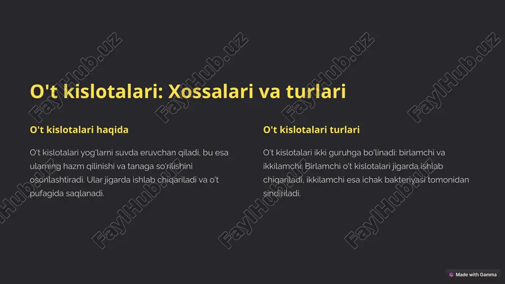 ilish va so'rishni samaraliroq qiladi. 2 yurak sog'lig'ini mustahkamlash omega-3 va omega-6 yog' kislotalari yurak ritmini tartibga soladi. 3 miya faoliyatini yaxshilash miya funktsiyalarini yaxshilaydi va xotirani mustahkamlaydi. 6 o't kislotalari tanqisligi 1 yog'li ovqatlarni hazm qilishda qiyinchilik o't kislotalari tanqisligi yog'larni hazm qilish qiyinlashishiga olib kelishi mumkin. 2 ichakda yog'lar to'planishi natijada diareya yoki ichakda yog'li najas hosil bo'lishi mumkin. 3 o't toshining paydo bo'lishi o't kislotalari tanqisligi o't pufagida toshlar hosil bo'lishiga olib kelishi mumkin. 7 xulosalar va tavsiyalar 1 o't kislotalari muhimdir yog'larni hazm qilish va tanaga so'rish uchun. 2 sog'lom ovqatlanish omega-3 va omega-6 yog' kislotalari boy bo'lgan ovqatlarni iste'mol qiling. 3 shifokor bilan maslahatlashing agar sizda o't kislotalari tanqisligi bo'lsa. 8 image1.png image2.png image3.png image4.png image5.png image6.png image7.png image8.png image9.png image10.png image11.png image12.png image13.png image14.png image15.png image16.png