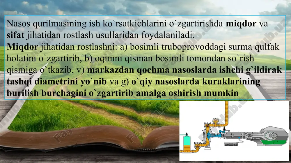 di . jaloliddin ro‘miy image1.png image2.gif image3.jpg image4.gif image5.jpg image6.png image7.png image8.gif image9.gif image10.emf image11.png image12.png image13.emf image14.png image15.png image16.gif image17.png image18.jpg image19.png image20.emf image21.png image22.jpg image23.gif image24.png nasos qurilmasining suv haydashini sifat jihatidan rostlash uning aylanish chastotasini o’zgartirib amalga oshiriladi. zaruriy q s miqdordagi suyuqlik haydashni ta’minlaydigan n x aylanish chastotasini topish uchun dinamik o’xshashlik qonuniyatidan foydalanib, haq proporsionallik egri chizig`i chiziladi /docprops/thumbnail.jpeg