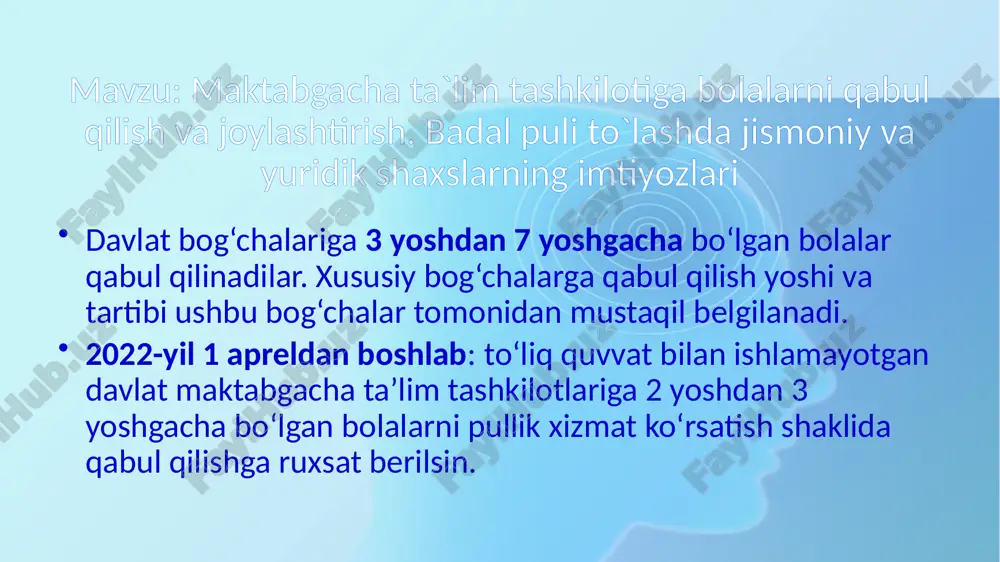 opalari ushbu muassasaning tarbiyalanuvchilari jumlasidan bo‘lgan bolalar; ko‘p tarmoqli ixtisoslashtirilgan maktabgacha tashkilotlardan umumiy turdagi maktabgacha tashkilotlarga o‘tkazilayotgan sog‘aygan bolalar. bog‘chaga joylashtirish uchun yo‘llanma olish bog‘chaga berish haqida anketa to‘ldirilayotganda tanlangan bog‘chada bo‘sh o‘rin mavjud yoki mavjud emasligi avtomatik ravishda ma’lum bo‘ladi. agar bo‘sh o‘rin bo‘lmasa bunda: bo‘sh o‘rinlarga ega bo‘lgan boshqa bog‘chani tanlash (yo‘llanma olish); bo‘sh o‘rin bo‘lganda yo‘llanma olish uchun navbatga kirish (bunda bir yo‘la 2 ta bog‘chani tanlash mumkin). taqdim etgan anketada ishonchsiz yoki noto‘g‘ri ma’lumotlarning mavjudligi yo‘llanmalar berishning rad etilishi uchun asos hisoblanadi. boshqa asoslar bo‘yicha yo‘llanma berishni rad etishga yo‘l qo‘yilmaydi. yo‘llanma berish muddati yo‘llanma bo‘sh joy paydo bo‘lgan kundan boshlab bir ish kuni ichida taqdim etiladi. yo‘llanma olingandan keyin 15 kun ichida bog‘chaga olib borilishi kerak. ushbu muddat o‘tgandan keyin taqdim etilgan yo‘llanma qabul qilinmaydi. bola bog‘chaga yo‘llanma taqdim etilgandan keyin bir ish kuni ichida qabul qilinadi. image1.png /docprops/thumbnail.jpeg