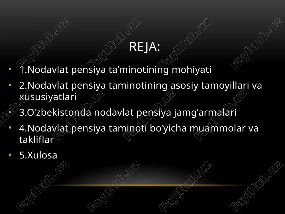tnoma muddati tugagach, jamg‘arilgan mablag‘ni foizlari bilan birga to‘lab beradi. bugungi kunda o‘zbekistonda bir nechta xususiy pensiya jamg‘armalari faoliyat yuritmoqda. ular moliya vazirligi tomonidan litsenziyalanadi va nazorat qilinadi. muammolar va takliflar: muammolar: * aholining moliyaviy savodxonlik darajasi past; * nodavlat jamg‘armalarga ishonch hali to‘liq shakllanmagan; * soliq imtiyozlari va rag‘batlantirish mexanizmlari yetarli emas; * uzoq muddatli investitsiya imkoniyatlari cheklangan. takliflar: * fuqarolar uchun soliq chegirmalari joriy etish; * axborot-targ‘ibot ishlarini kuchaytirish; * raqamli pensiya jamg‘armalari tizimini yaratish; * xalqaro tajribadan foydalanish (masalan, chili, aqsh, yevropa davlatlari modeli). xulosa: nodavlat pensiya tizimi — bu aholining kelajakdagi moliyaviy barqarorligini ta’minlaydigan muhim mexanizm. u davlat pensiya tizimini to‘ldiruvchi, lekin undan mustaqil bo‘lgan, ixtiyoriy jamg‘arma asosidagi tizimdir. o‘zbekistonda bu sohani rivojlantirish orqali fuqarolarning farovonligini oshirish, iqtisodiyotda uzoq muddatli investitsiya resurslarini ko‘paytirish va pensiya tizimini yanada barqaror qilish mumkin. etiboringiz uchun rahmat! image1.png /docprops/thumbnail.jpeg