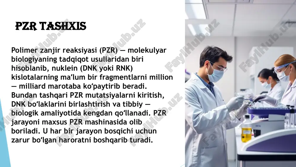 lanib sintez qiladi.[1]. pzr bosqichlari pzr tashxisining afzalliklari 1 yuqori sezuvchanlik juda kichik miqdordagi nishonni aniqlash imkoniyati. 2 aniq natijalarning ishonchliligi yuqori. 3 tezkor natijalar qisqa vaqt ichida natijalar olish imkoniyati mavjud. 4 keng ko'lamli tibbiyotdan qishloq xo'jaligigacha ko'p sohalarda qo'llanilishi. 5 pzr tashxisining kamchiliklari kontaminatsiya xavfi namunalarning ifloslanishi natijalarga ta'sir qilishi mumkin. qimmat reagentlar reaktivlar va uskunalar narxi yuqori. tajribali mutaxassislar pzrni amalga oshirish uchun malakali mutaxassislar zarur. 6 tibbiyotda pzr tashxisining qo'llanilishi infektsion kasalliklarni aniqlash (covid-19, gripp, oiv). genetik kasalliklarni tashxislash. saraton tashxisi va monitoringi. pzr juda koʻp sohalarda qoʻllanadi: sud ekspertizada, irsiy kasalliklarni aniqlashda va otalikni aniqlashda ham qoʻllanadi. irshiy kasalliklarni aniqlash va prenatal diagnostika o'tkazish imkonini beradi. 7 kriminalistika — pzr genetik barmoq izlarini aniqlashda ishlatiladi. jinoyat joyidan genetik material namunasi — qon, soch, sperma, tuprik va boshqalarni olish mumkin. olingan namunalardan dnk ajratib olinadi va pcr moshinasida reaksiya jaroyoni kechadi. olingan mahsulotni gel elektroforezi yordamida …