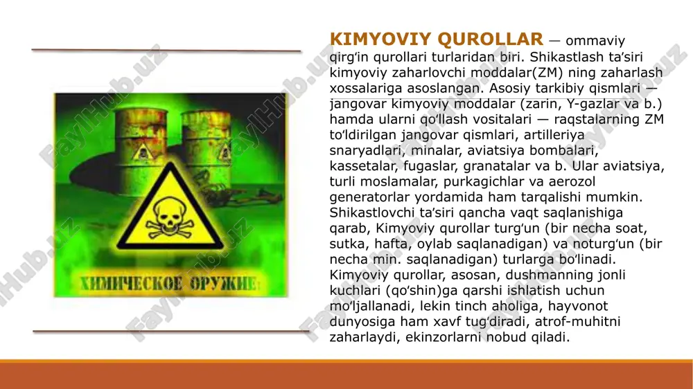 29 ming t ni tashkil etgan. 2-jahon urushida nemislardan qolgan (trofey) kimyoviy qurollar zahirasi (taxm. 300 ming t) dengizga choʻktirib yuborilgan. zaxarli moddalarning tasnifi zaharlovchi modda tasnifi turli belgilarga qarab o’tkaziladi. i. asosiy klinik zararlanish alomatiga qarab (klinik, toksikologik tasnif) zaxarlovchi moddalar 6 gruhga bo’linadi: 1. nervlarni (asabni) falajlash ta’siriga ega bo’lgan zaxarlovchi moddalar - zarin, zoman, v-gazlar. 2. terida yara paydo qilish ta’siriga ega bo’lgan zaxarlovchi moddalar - iprit, lyuizit, azotli iprit. 3. umumiy zaxarlanish ta’siriga ega bo’lgan zaxarlovchi moddalar - sinil kislota, xlorsian. 4.bo’g’uvchi ta’siriga ega bo’lgan zaxarlovchi moddalar - fosgen, difosgen. 5.ta’sirlash hususiyatiga ega bo’lgan zaxarlovchi moddalar. a) yuqori nafas yo’llari va burun shilliq pardasiga ta’sir etuvchi zaxarlovchi moddalar (sternitlar)-adamsit, difenilsianarsin, difenilxlorarsin; b) ko’z shilliq pardasiga ta’sir etuvchi zaxarlovchi moddalar (lakrimatorlar-ko’zdan yosh oqizuvchi) xloratsetofenon, brombenzilsianid, ci-es/ss) va si-ar(cr). 6.psixokimyoviy ta’sirga ega bo’lgan zaxarlovchi moddalar-bi-zet (bz), (dlk). ii. zararlanishning oxirgi natijasiga qarab: o’ldiruvchi ta’siriga ega (nervlarni falaj qiluvchi, …