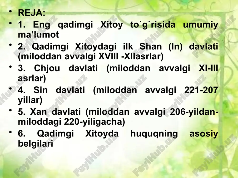 va bo`ysundirilgan qabilalarning aristokratlaridan tashkil topgan. qullarga xususiy shaxslar ham, davlat ham egalik qilishi mumkin bo`lgan aholining asosiy qismini erkin jamoachilar tashkil etgan. podsho birinchi va eng yirik quldor, oliy harbiy boshliq, eng oliy sudya va eng katta ruhoniy hisoblangan. mansabdor shaxslar uchta asosiy toifaga: oliy fuqarolik chinovniklari; harbiy chinovniklar; turli xil maslahatchilar, avliyolarga bo`lingan. shuningdek davlatning muhim ajralmas qismi hisoblangan armiya va turmalar ham mavjud bo`lgan. miloddan avvalgi xii asrda shan (in) davlati ichki ziddiyatlar kuchayishi natijasida tushkunlikka uchragan. miloddan avvalgi 1076 yilda chjou qabilasi in armiyasini tor-mor etgan, shan davlati qulagan, uning o`rniga chjou podsholigi tashkil topgan. chjou podsholigi xitoy tarixida quyidagicha uchta davr: g`arbiy chjou (miloddan avvalgi 1122-742 yillar); sharqiy chjou (miloddan avvalgi 770-403 yillar); g`arbiy chjou davlatining chegarasi vey daryosi boshidan sharqda sariq dengizgacha davom etib, uning poytaxti xao shahri bo`lgan. bu davrda ishlab chiqaruvchi kuchlar rivojlanishining ancha yuqori darajasiga erishilgan, yirik yer egaligi rivojlangan, qulchilik …