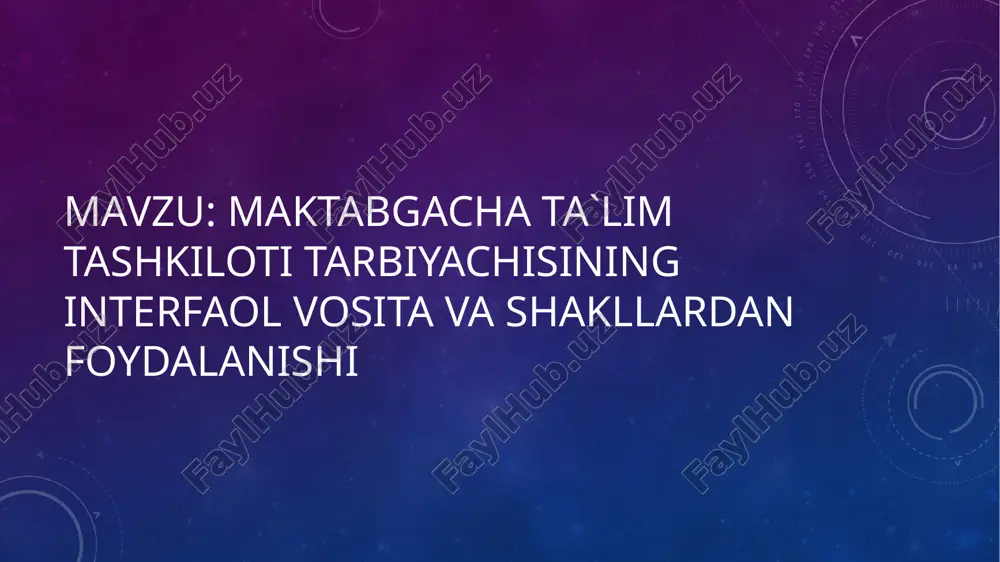 nlardan qoniqish hosil qiladilar, shundagina “bog’chaga bormayman” degan harxashani unutadilar. maktabgacha ta’lim tashkiloti tarbiyachilari qulay interfaol muhitni qo’yidagicha tizimda yaratishlari lozim. 1. psixologik-ruhiy 2. intellektual-aqliy 3. jismoniy agarda yuqorida keltirilgan tizim asosida qulay interfaol muhit yaratilsa samarali natijaga erishish mumkin. yuqorida keltirilgan interfaol muhit tizimlarini tahlil qilamiz. psixologik qulay muhit yaratish- bolaning psixik individual xususiyatlarini hisobga olish va tashkiliy, kommunikativ sharoit bilan bog’liq ravishda amalga oshiriladi. bolalar o’zlarini ruhan erkin va qulay his qilsalar ularda hursandik, qoniqish, yuqori kayfiyat yuzaga keladi. bu holat bevosita ta’lim jarayonidagi (intellektual qulaylik), muloqot, va boshqa sub’ektiv vaziyatlar bilan bog’liq bo’ladi. ijobiy hislarni yuzaga kelishida bolaning faoliyat motivatsiyasi, xulqavtori, atrof-muhit va sub’ektiv jarayonlar sabab bo’ladi. psixologik qulay muhit yaratilishda birinchi galda interfaol muhit vositalari va bolalar o’rtasida shaxslararo munosabat muhim o’rin tutadi. “tarbiyachi-bola” munosabati uchun hamkorlikdagi faoliyat ya’ni ijobiy hissiy holatlar, ezgulik, bag’rikenglik asosidagi muloqot qilish taqozo etiladi. mana shu jarayonda bola va tarbiyachining bir-birlarini …