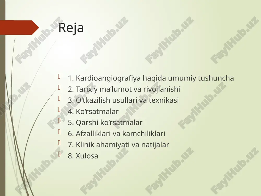 nadi. usullari: koronar angiografiya, ventrikulografiya, aorta angiografiyasi. texnika: kateter femoral yoki radial arteriya orqali yurakka kiritiladi. ko‘rsatmalar koronar yurak kasalligi miokard infarkti yurak klapan kasalliklari tug‘ma va orttirilgan yurak nuqsonlari aorta anevrizmalari va dissektsiyalari stentlash va by-pass operatsiyasidan oldin tekshiruv qarshi ko‘rsatmalar kontrast moddalarga allergiya og‘ir buyrak yetishmovchiligi qon ivish tizimi buzilishlari homiladorlik (nisbiy qarshi ko‘rsatma) og‘ir umumiy ahvoli bo‘lgan bemorlar afzalliklari va kamchiliklari afzalliklari: yuqori aniqlik, real vaqt rejimida ko‘rish, davolashni rejalash. kamchiliklari: invaziv, asoratlar xavfi (gematoma, aritmiya, tromboz), qimmat usul. klinik ahamiyati va natijalar koronar arteriyalardagi torayish va to‘silishni aniqlaydi. jarrohlik yoki stentlashni rejalashga yordam beradi. yurak klapanlari va kameralarini baholaydi. miokard perfuziyasini aniqlash imkonini beradi. angiografiya ambulatoriya koronar angiografiyaning ikkinchi bosqichi angiografiya jarayonining o'zi . bemor kunduzgi shifoxona bo'limiga yotqiziladi. ularning barqarorligini baholagandan so'ng, premedikatsiya qo'llaniladi va ular koronar angiografiya protsedurasi o'tkaziladigan kateologik laboratoriyaga etkaziladi. kirish joyining behushligidan so'ng, tekshiruv boshlanadi: bilak arteriyasi orqali maxsus kateter o'tkaziladi …