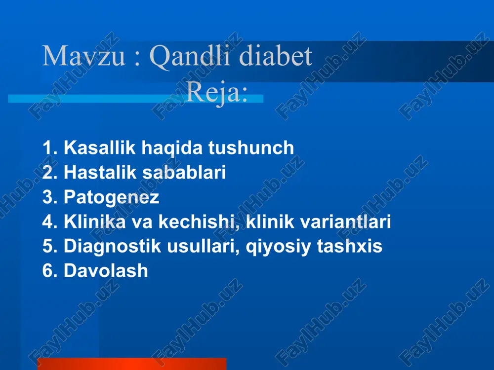 , gingivit furunkulyoz, karbunkulyoz kichik belgilar diagnostik belgilar 1.giperglekimia(qondagi qand miqtorini normasi 4,4-6,6 mm/l) 2.glyukozuria(normada peshopda qand bolmaydi) 3.siydikning solishtirma ogirligining balandlig (1016-1018) 4.siydikda keton tanachalarini oshgani hastalikning davosi 1.dietaterapiya 2.peroral qandni kamaytiruvchi dorilar 3.insulinoterapiya