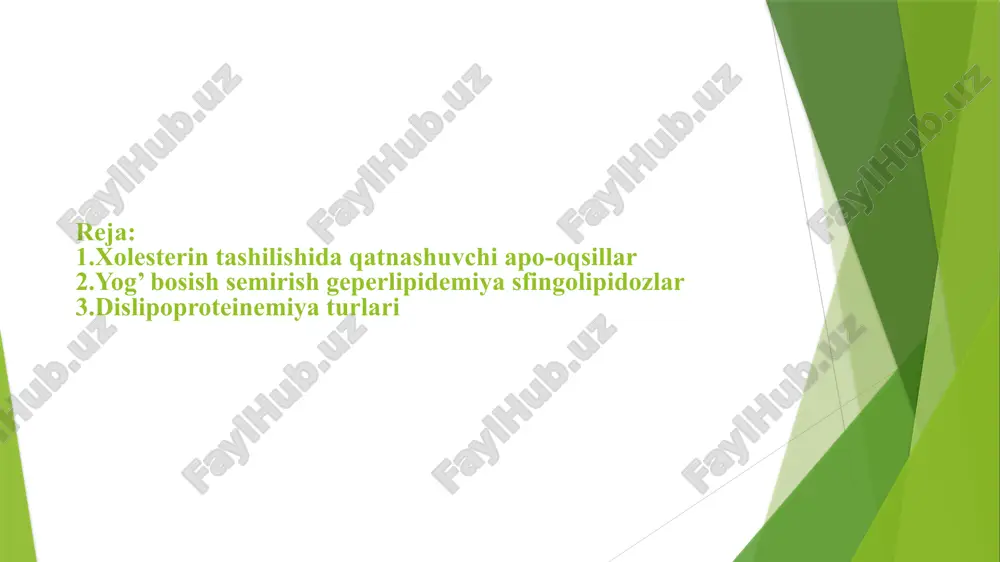 i. apoe va apoc sintezi ham jigarda, ham ingichka ichakda hosil bo'lgan apo a-i dan farqli o'laroq, asosan jigarda sodir bo'ladi.2-3. qon plazmasida yangi paydo bo'lgan hdl birinchi navbatda hdl3 ga aylanadi (uni shartli ravishda "etuk" deb atash mumkin). ushbu transformatsiyada asosiy narsa hdl to'g'ridan-to'g'ri aloqa yoki maxsus transport oqsillari ishtirokida hujayra membranalaridan erkin xolesterinni oladi;hujayra membranalari bilan o'zaro ta'sirlashib, ularning qobig'idan fosfolipidlarning bir qismini beradi va shu bilan polien yog'li kislotalarni hujayralarga etkazib beradi;ldl va vldl bilan chambarchas ta'sir qiladi, ulardan erkin xolesterin oladi. buning evaziga hdl3 yog 'kislotalarining fosfatidilxolindan (pc) xolesteringa o'tishi natijasida hosil bo'lgan xolesterin efirlarini beradi (lcat reaktsiyasi, 4-bandga qarang).xolesterin va uning hdl va ldl esterlarini tashish yogʻ bosish, semirib ketish — organizm toʻqimalarida, asosan teri ostidagi yogʻ kletchatkasida, shuningdek, qorin boʻshligʻida ortiqcha yogʻ (koʻproq charvi) yigʻilishi. gavda vaznining ancha ortganligi organizmda suv toʻplanishiga aloqador boʻlmasa, deyarli hamisha yogʻ bosishdan darak beradi. yogʻ bosishda koʻpincha organizmga …