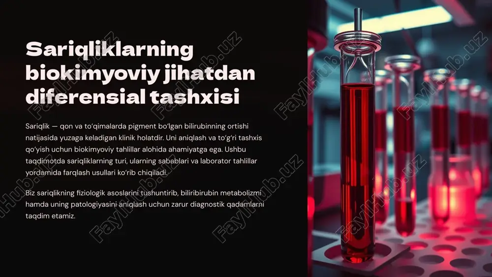 a jarayoni jigar hujayralarida bilirubin glyukuron kislota bilan bog‘lanadi, suvda eriydigan konjugatib bilirubin hosil bo‘ladi. 4 4. o‘tkazilishi va chiqarilishi konjugatib bilirubin o‘tga o‘tadi va o‘t bilan birga ichak orqali tanadan chiqariladi. 5 pre-gepatik sariqlik: sabablari va laboratoriya ko'rsatkichlari sabablari qon hujayralarining ortiqcha hemolizi gemolitik anemiyalar ichki qon ketishi va ba’zi genetik kasalliklar laboratoriya ko'rsatkichlari umumiy bilirubin ortishi, asosan erkin (indirekt) bilirubin qon eritrotsitlari sonining kamayishi laktat dehidrogenaza (ldh) darajasining oshishi 6 gepatik sariqlik: sabablari, turlari va laboratoriya diagnostikasi sabablari virusli gepatitlar (a, b, c) jigar sirrozi genetik ferment yetishmovchiligi turlari hujayra ichidagi bilirubin ortishi konjugatsiya buzilishi jigar shikastlanishining turli bosqichlari laboratoriya diagnostikasi umumiy va konjugatsiyalangan bilirubin ko‘tarilishi jigar fermentlari (alt, ast) oshishi albumin darajasining pasayishi 7 post-gepatik sariqlik: sabablari va laboratoriya topilmalari sabablari o‘t yo‘llarining to‘siqlari (toshlar, shishlar) xolestaz (bile flow blockage) o‘t pufagi va o‘t yo‘llari kasalliklari laboratoriya topilmalari konjugatib bilirubinning ortishi alkali fosfataza va ggt fermentlarining sezilarli …