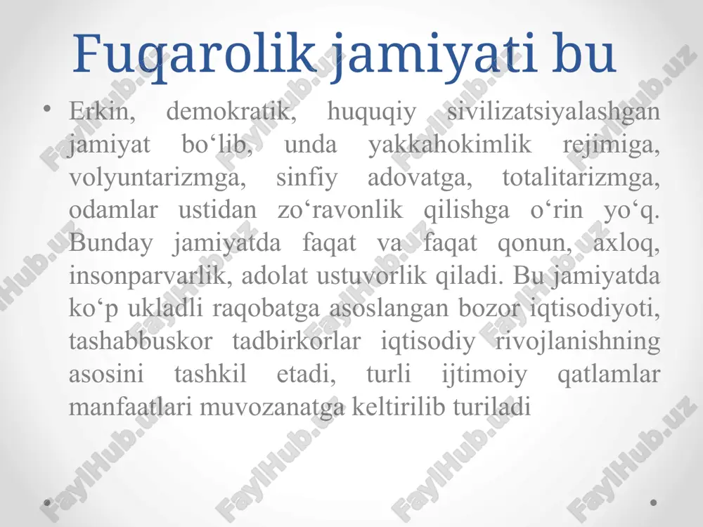 ga asoslangan mulk shakllarining xilma-xilligi, iqtisodiy plyuralizm, ko‘p ukladlilik, erkin bozor munosabatlari. qaysiki jamiyatda uning har bir a’zosi, qandaydir mulkka ega bo‘lishi, o‘z xohishi bilan tasarruf etish, sarflash huquqiga ega bo‘lishi, xususiy mulk daxlsizligi, davlat tomonidan kafolatlangan tadbirkorlik, mexnat va iste’mol faoliyati erkinligining ta’minlanganligi. mustaqil davlatlarning tashkil topishi, iqtisodiy va siyosiy hokimiyatning ajratilishi. insonlarning o‘z maqsadlarini himoya qilish maqsadida ma’lum tashkilotlarga birlashishi, hokimiyatlar turli-tuman markazlar, tashkilotlar, siyosiy institutlar qo‘lida jamlangan bo‘lsa, ular bir-birini cheklaydi va muvozanatga solib turadi. siyosiy plyuralizm, davlat hokimiyati funksiyalarining sekin-asta fuqarolik jamiyati institutlariga berib borilishi. huquqiy asos ma’naviy asos inson uchun ahamiyatli bo‘lgan ozodlik, tenglik, adolat qadriyatlarining qaror topishi yuridik tenglikning ta’minlanishi va ularga huquq va erkinliklar berish orqali qonun yo‘li bilan tan olinishi. “qonun hukumron bo‘lgan joyda erkinlik ham bo‘ladi” (a.temur). “adolat - qonun ustuvorligida” tamoyilining amal qilinishi. ...“fuqarolar bilan davlat o‘zaro huquqlar va burchlar orqali uzviy bog‘liqdirlar. fuqarolarning huquqlari va erkinliklari daxlsiz bo‘lib,hech kim …