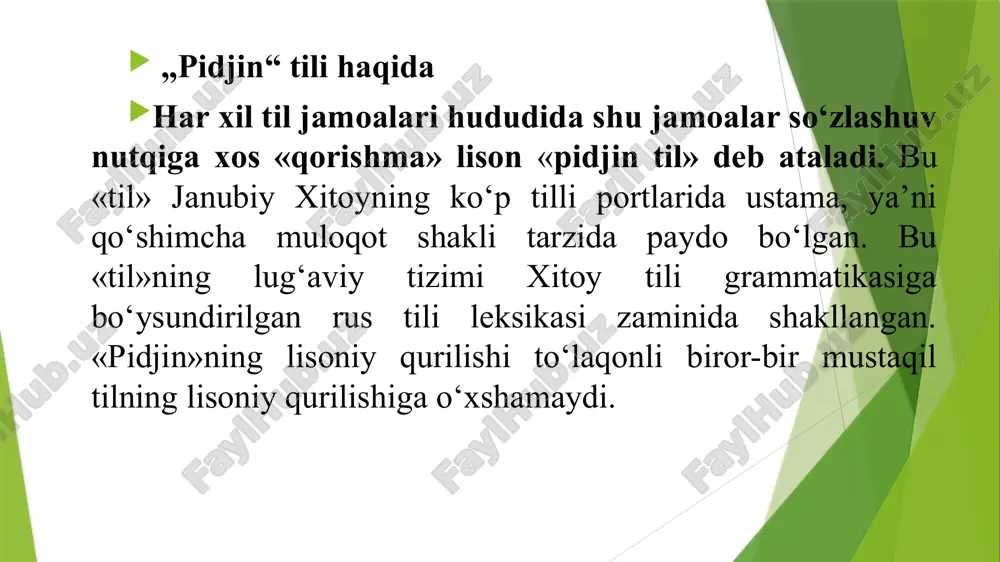 jinlashuv tufayli imtiyozli tilning lisoniy qurilishi soddalashib, o‘zgaradi. pindjin til, aniqroq aytganda, turli til jamoalari uchun ustama tarzda xizmat qiluvchi «quramalashgan»aloqa vositasidir. kreol tili haqida «kreol tili» deb ataluvchi maxsus lison sotsiolingvistikaning muhim ahamiyatga molik tushunchalaridan biridir. bu til dunyoning o‘n millionga yaqin aholisi uchun xizmat qiluvchi kommunikativ vositadir. kreol tili «pidjin»ga ma’lum darajada o‘xshaydi. biroq «kreol» va «pidjin» tillari o‘ziga xos muhim tomonlari bilan o‘zaro farq qiladi. «kreol tili»ning «pidjin»dan sotsiolingvistik jihatdan farqi, avvalo shundaki, «pidjin»ga asos bo‘luvchi substrat lison ayrim savdogarlar va migratsion tabaqalariga mansub bo‘lib, biror-bir etnik jamoaning ona tili hisoblanmaydi. kreol tili esa unday emas. u shakllangan lug‘at tarkibi(leksikasi) va mukammallashgan grammatik qurilishga ega bo‘lgan to‘laqonli tildir. kreol tili, tabiiy tillar kabi, o‘z ichki omillari asosida rivojlanish imkoniyatiga ega bo‘lgan mustaqil tildir. «kreol»ning kommunikativ amali «pidjin»dan boshlangan bo‘lsa-da, lisoniy qurilishi jihatidan mustaqillikni qo‘lga kiritgan me’yoriy tildir. «kreol»dan farqli ravishda, «pidjin» hech qachon biror-bir etnik guruhning ona …