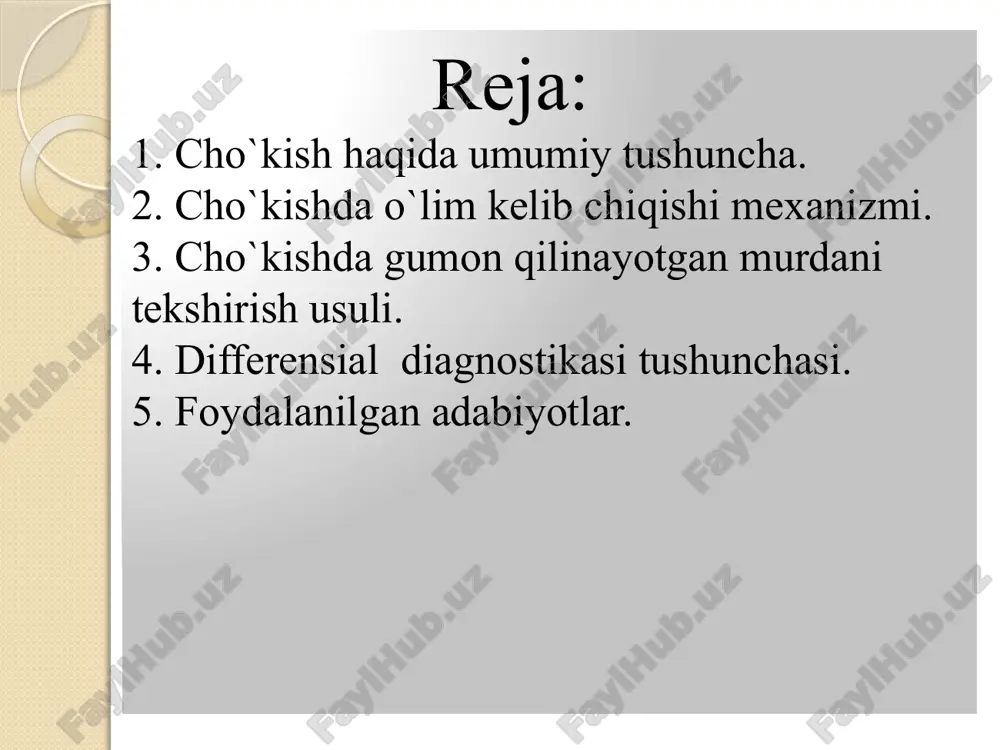 a alveolalar devorini buzib yuboradi. suv bilan aralashgan qon yurakning chap qismiga kiradi, so'ng hatto qon aylanish doirasiga tushadi. atamaal davrdan so'ng, batamom nafas olishi to'xtaydi. ushbu rasmda bo'lsa cho'kish bosqichlari. umumiy cho'kish davri 5 — 6 daqiqa davom etadi. cho'kishda suv oshqozonga, so'ng ingichka ichakning boshlang'ich qismiga yutiladi. boshqa suyuqliklarda cho'kishda o'lim kelib chiqish mexaniz — mi, suvda yuz bergan cho'kishdagi o'limdan farq qilmaydi. cho'kishda kelib chiqqan o'limni tashhisi laborator usullar yordamida kompleks belgilarga asosan qo'yilganda to'g'ri bo'ladi. ajralib chiqayotgan shilliq suv va havo bilan aralashadi, kulrang — oq ko'pikli aralashmani hosil qiladi, u esa sekin —asta nafas yo'llarini to'ldiradi. murdani tashqi tekshirganda cho'kishga xos quyidagi belgilarni ko'rish mumkin: teri qoplamalari teri kapillyarlarining qisqarishi natijasida odatdagidan oqargan g'oz terisi belgisi, bu belgida mushaklarni qisqarishi tufayli teri soch tuklarini yuqoriga ko'tarilgan holatga keltiradi ichish va burun atroflari kulrang-oq rangda bo'lishi; musgahkam mayda pufakchali ko'pikni yuzaga kelishi. nafas teshiklari atrofidagi ko'pik, …