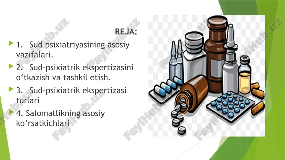 essual (uzjpk172-187 moddalar), fuqarolik (uzrfk 84-88, 193-194 morddalar) kodeksi normalari bilan boshqariladi. sud psixiatrik ekspertizasini quyidagi turlari farqlanadi 1) ambulator ekspertizasi; 2) statsionar 3) tergov xonasidagi; 4) sud majlisidagi ekspertiza 5) sirtdan va vafotidan so'ng ekspertiza. salomatlik (sog’lik) — har qanday tirik organizmning o’zi va uning barcha a’zolari o’z vazifalarini to’liq bajara oladigan holati: nuqsonlar, kasalliklarning yo’qligi (salomatlik tushunchasining batafsil ta’rifi quyida keltirilgan). salomatlikni o’rganadigan fanlarga dietologiya, farmakologiya, biologiya, epidemiologiya, psixologiya (salomatlik psixologiyasi, rivojlanish psixologiyasi, eksperimental va klinik psixologiya, ijtimoiy (sotsial) psixologiya), psixiatriya, pediatriya, tibbiy sotsiologiya va tibbiy antropologiya, psixoxigina, defektologiya va boshqalar kiradi. salomatlikning asosiy ko’rsatkichlari: 1. bo’yning uzunligi; 2. tana vazni; 3. qon bosimi (120ga 80) gemoglabin miqdori (120) 5.temperatura (36,6) foydalanilgan adabiyotlar: o‘zbekiston respublikasi konstitutsiyasi.-t.: o‘zbekiston, 2022. o‘zbekiston respublikasi jinoyat kodeksi. -t.: adolat,2022. o‘zbekiston respublikasi jinoyat protsessual kodeksi. -t.: adolat,2022. o‘zbekiston respublikasi fuqarolik kodeksi. -t.: adolat,2022. o‘zbekiston respublikasi fuqarolik protsessual kodeksi. -t.: adolat,2022. sud psixiatriasi uslubiy qo’llanma …